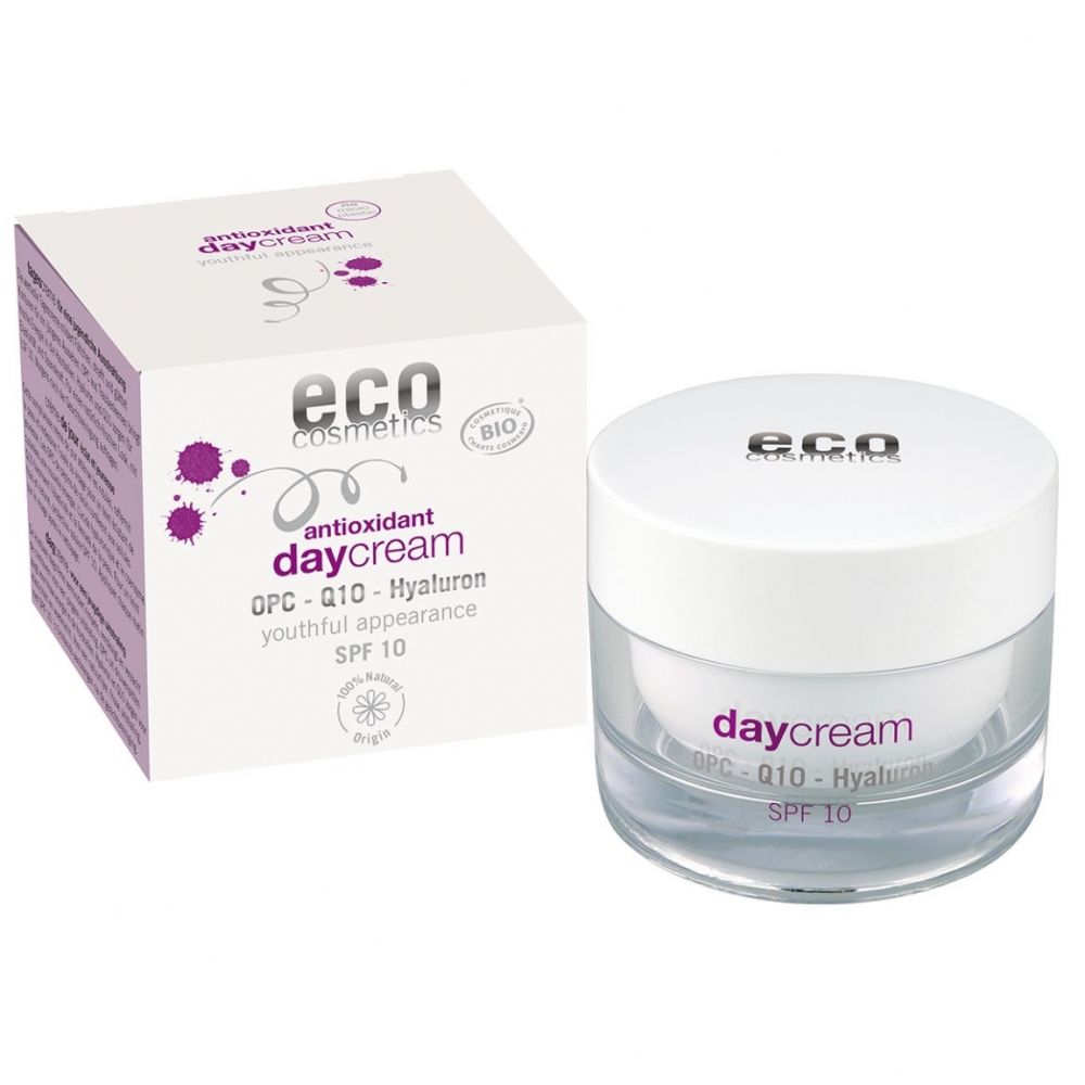 Creme-Tiegel und Schachtel. Aufschrift: eco cosmetics, antioxidant daycream, OPC-Q10-Hyaluron, SPF 10. Bio-Siegel.