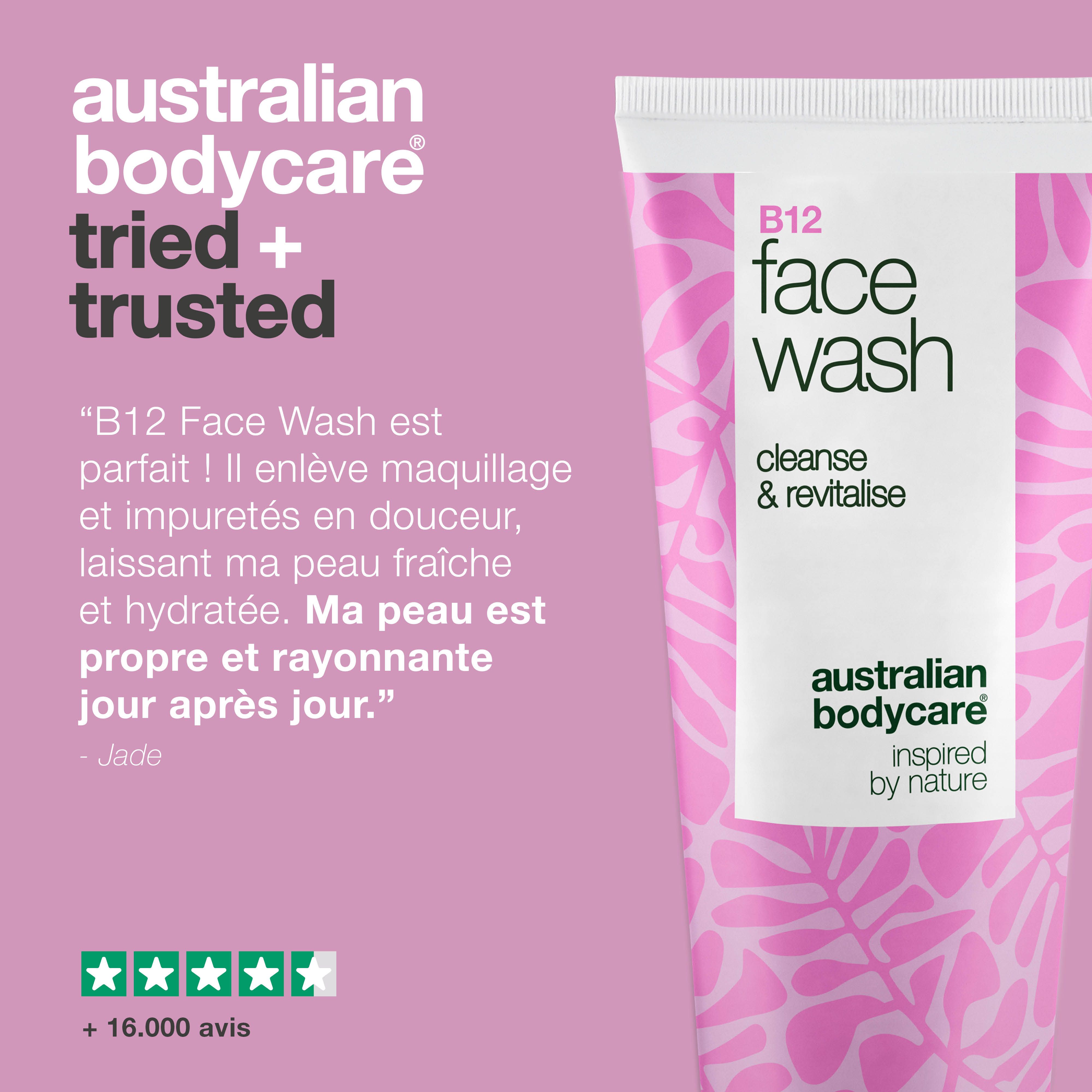 Tube de nettoyant visage avec texte et étoiles. Texte : Tried + Trusted. Inscription : B12 Face Wash, Australian Bodycare.