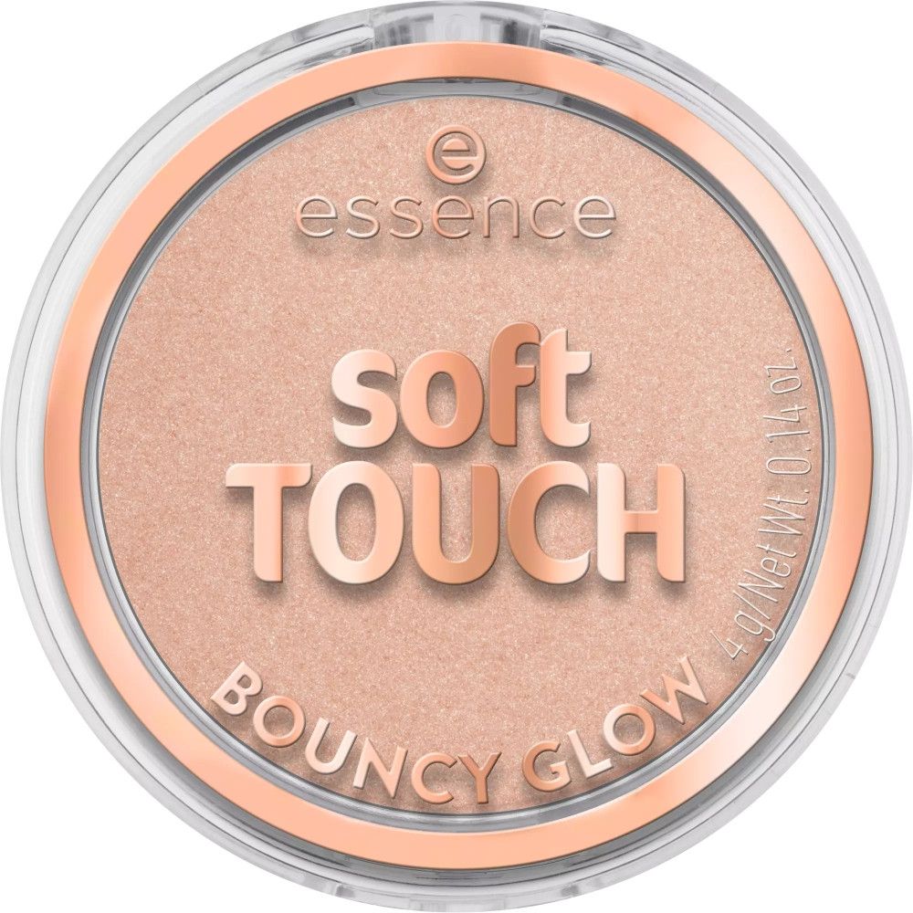 Runder Highlighter-Tiegel mit roségoldfarbenem Rand. Aufschrift: Essence, Soft Touch, Bouncy Glow. Inhalt: 4 g.