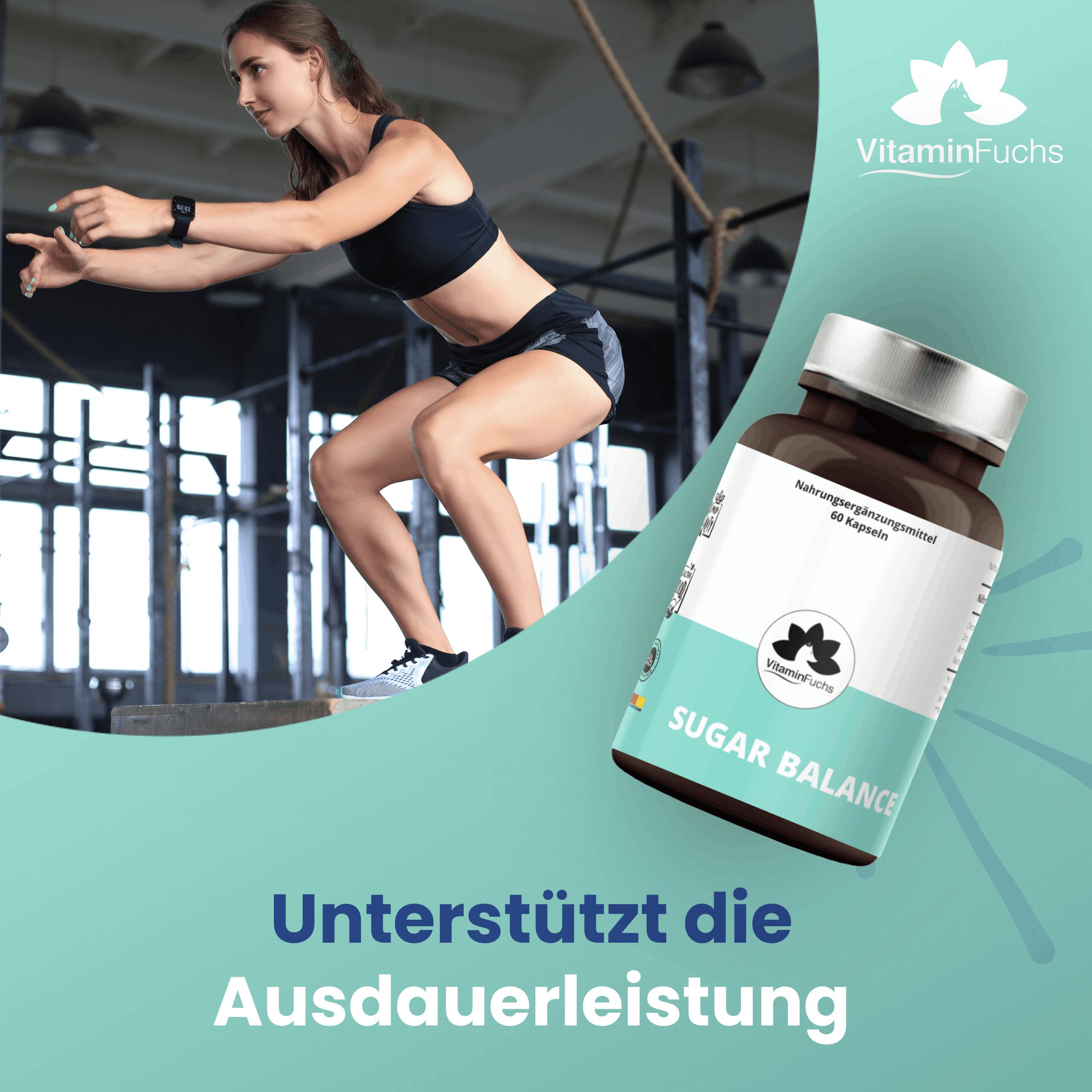 Braune Glasflasche mit silbernem Deckel. Aufschrift: Sugar Balance, VitaminFuchs. Frau beim Sport. Text: Unterstützt die Ausdauerleistung.