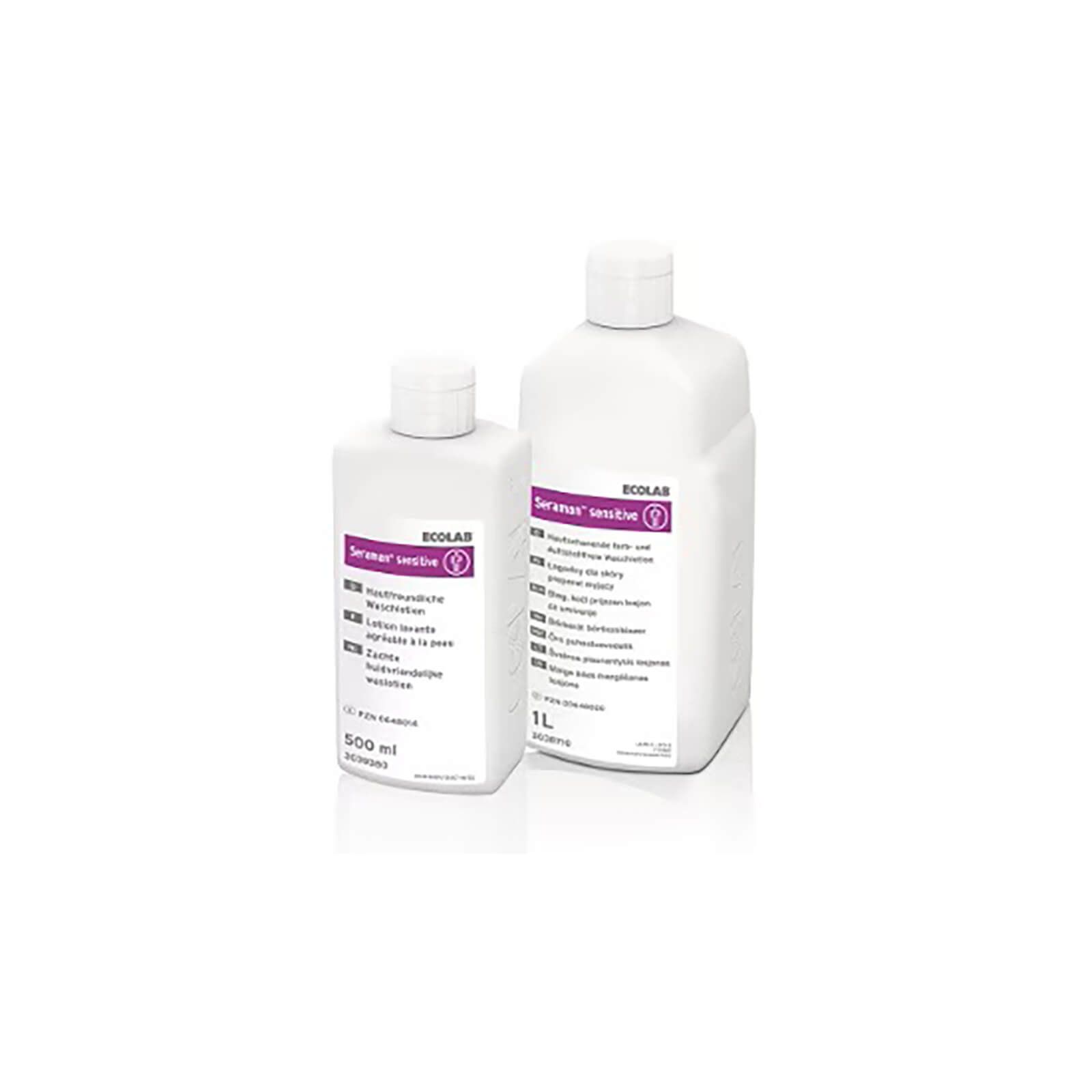 Zwei weiße Flaschen Ecolab Seraman® Waschlotion. Eine 500 ml, eine 1L. Beide mit Etiketten und Schraubverschlüssen.