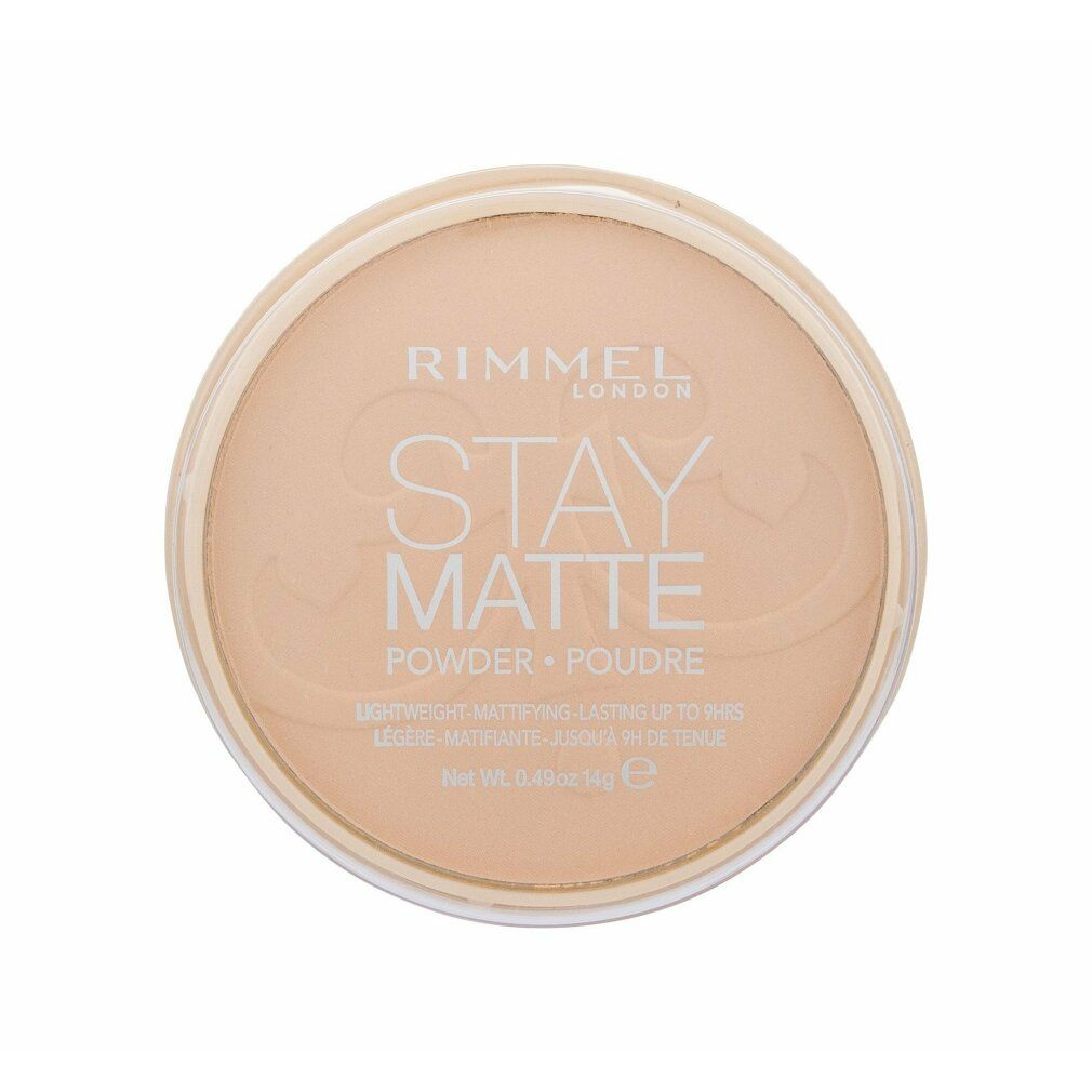 Runder, beigefarbener Puderbehälter. Aufschrift: Rimmel London, Stay Matte, Powder, Poudre. Leicht mattierend, bis zu 9 Stunden Haltbarkeit.