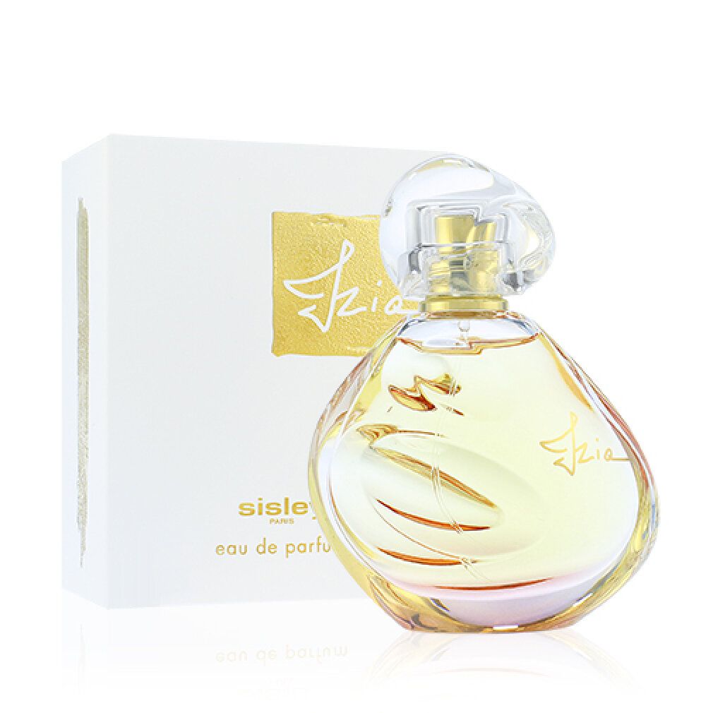 Parfümflakon und Verpackung. Flakon mit goldfarbenem Verschluss und Schriftzug "Izia". Verpackung mit "sisley PARIS".