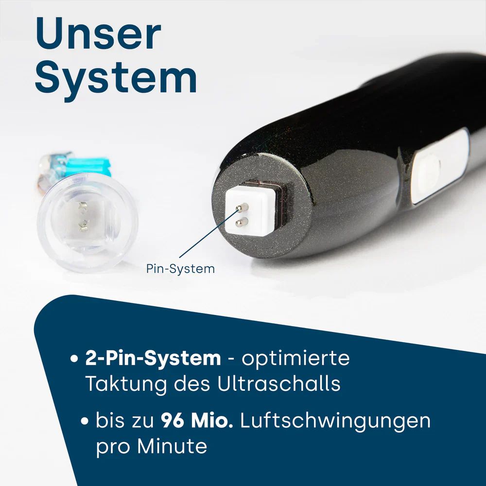 Zahnbürste mit Aufsatz. Pin-System. Text: 2-Pin-System, optimierte Taktung, bis zu 96 Mio. Luftschwingungen.