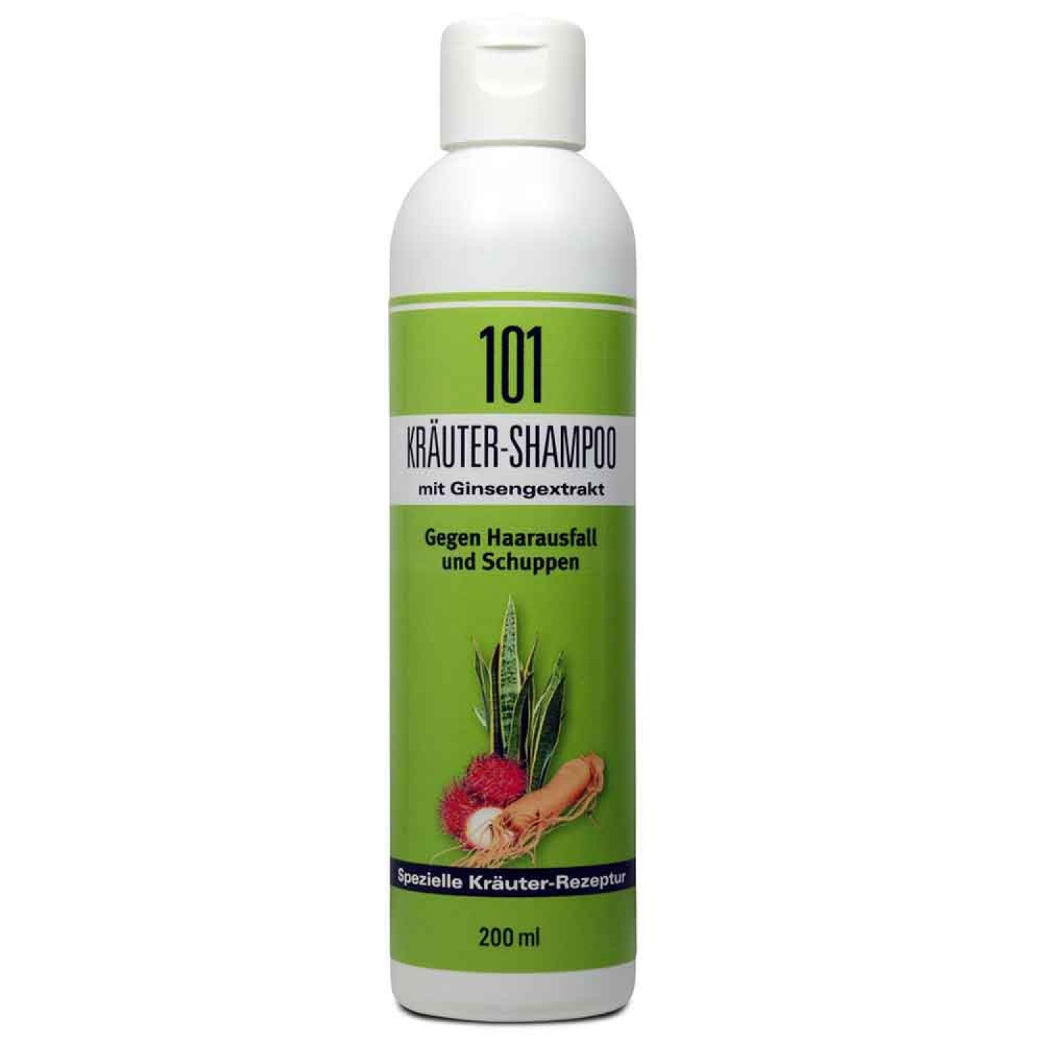 Weiß-grüne Shampoo-Flasche. Text: 101 Kräuter-Shampoo mit Ginsengextrakt. Gegen Haarausfall und Schuppen. Spezielle Kräuter-Rezeptur. 200 ml.