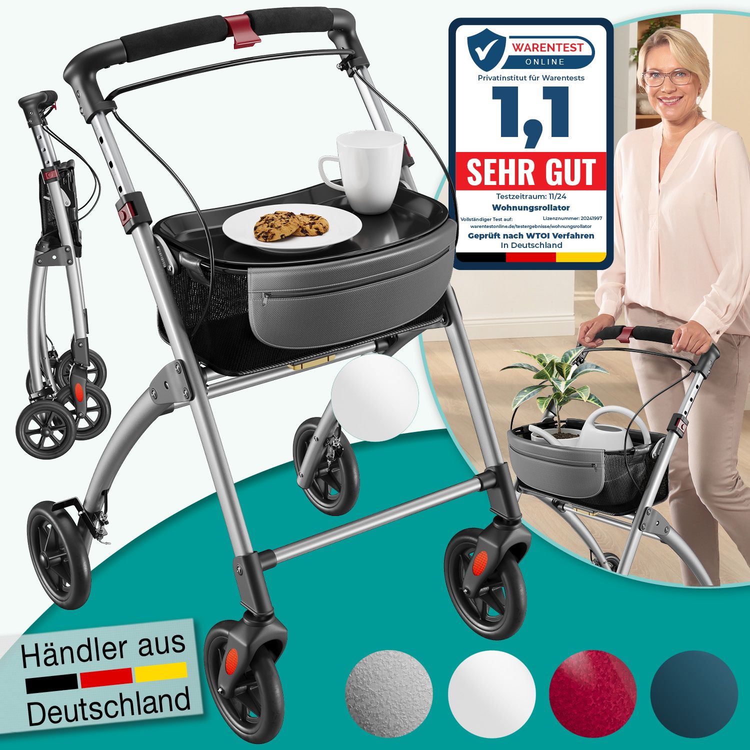 Rollator mit Tablett, Korb, Feststellbremse und Aluminiumrahmen. Zertifizierung "SEHR GUT".