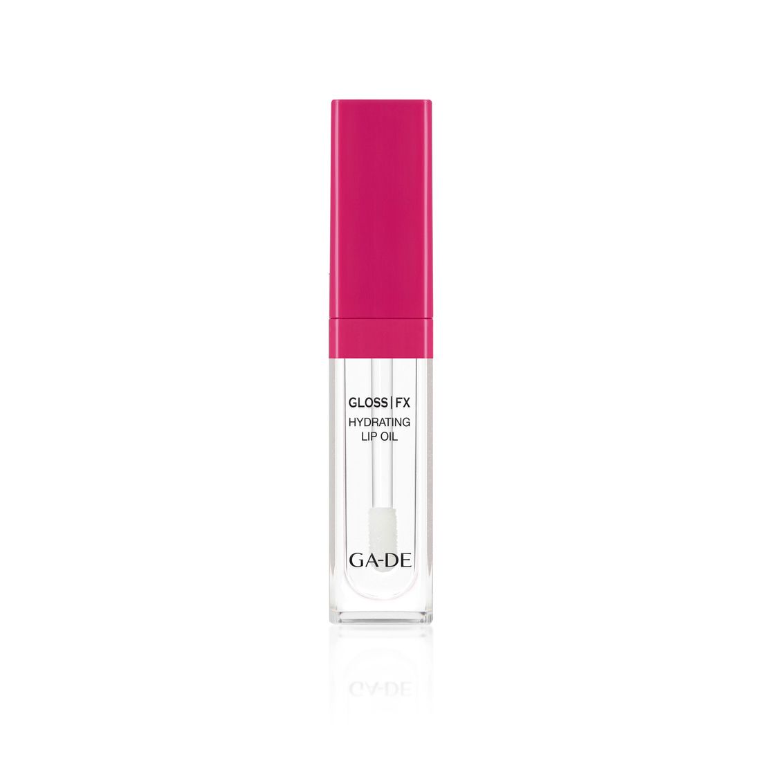 Ga-De Hydrating Lip Oil. Transparente Tube mit pinkfarbenem Deckel. Text: Gloss FX, Hydrating Lip Oil, Ga-De.