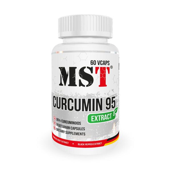 Weiße Flasche MST Curcumin 95 Gold mit rotem Logo und grünen Akzenten. Enthält 60 Kapseln. Vegetarische Kapseln.