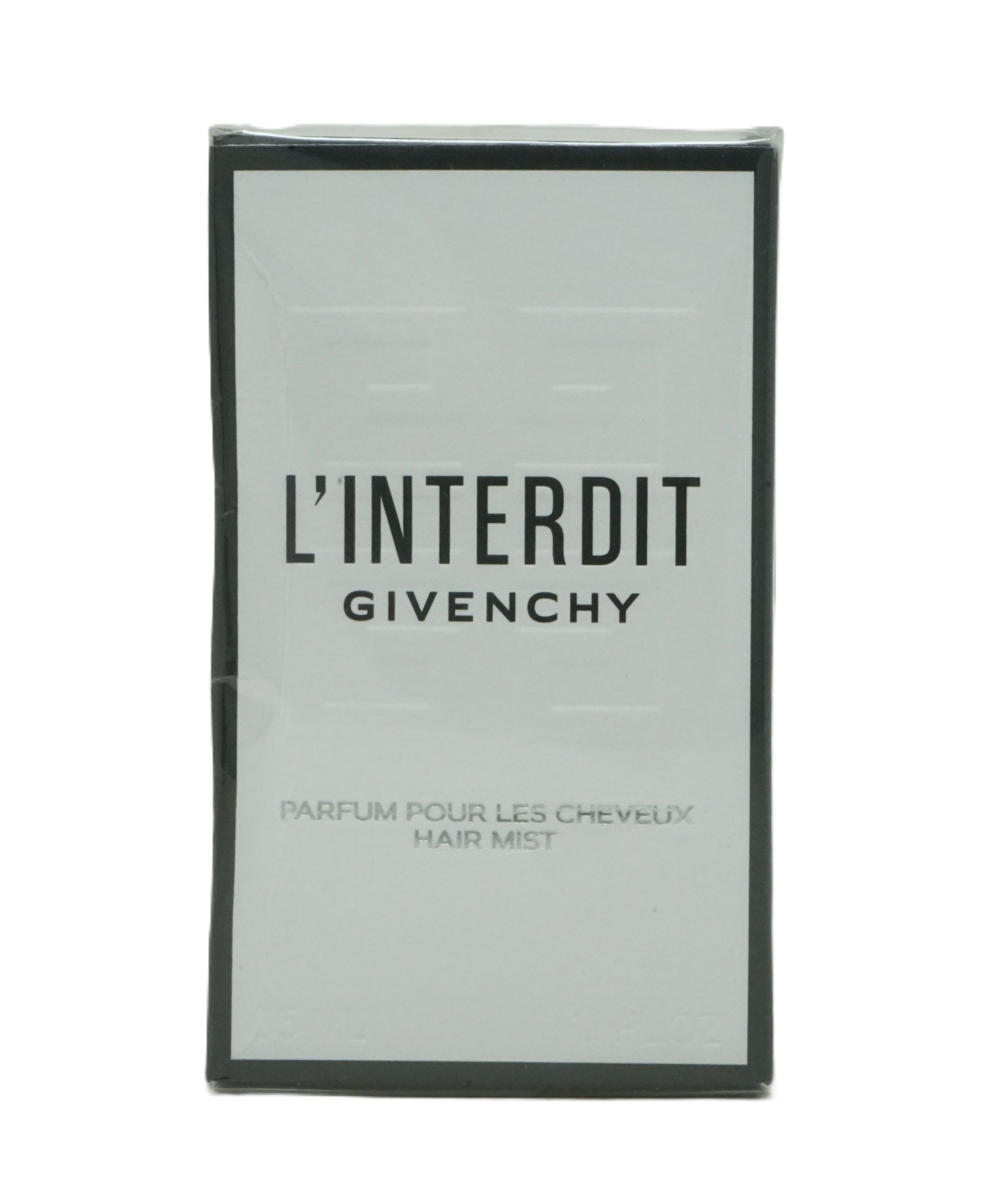 Verpackung von L'Interdit Hair Mist von Givenchy. Schwarzer Rahmen, weißer Hintergrund mit Produktnamen und Text.