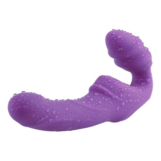 Lila Vibrator mit Wassertropfen. Das Produkt hat eine geschwungene Form und ein Logo.