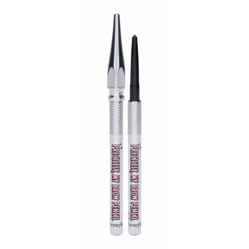 Zwei silberfarbene Augenbrauenstifte. Einer hat eine spitze Kappe, der andere eine schwarze Mine. Aufschrift: PRECISELY, MY BROW PENCIL.
