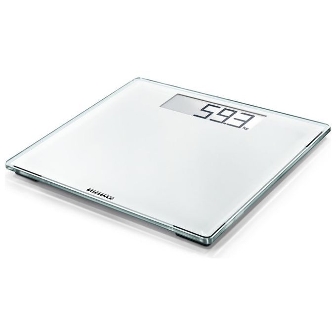 Bilancia elettronica con display digitale. Superficie in vetro bianco, rettangolare. Display: 59,3 kg.