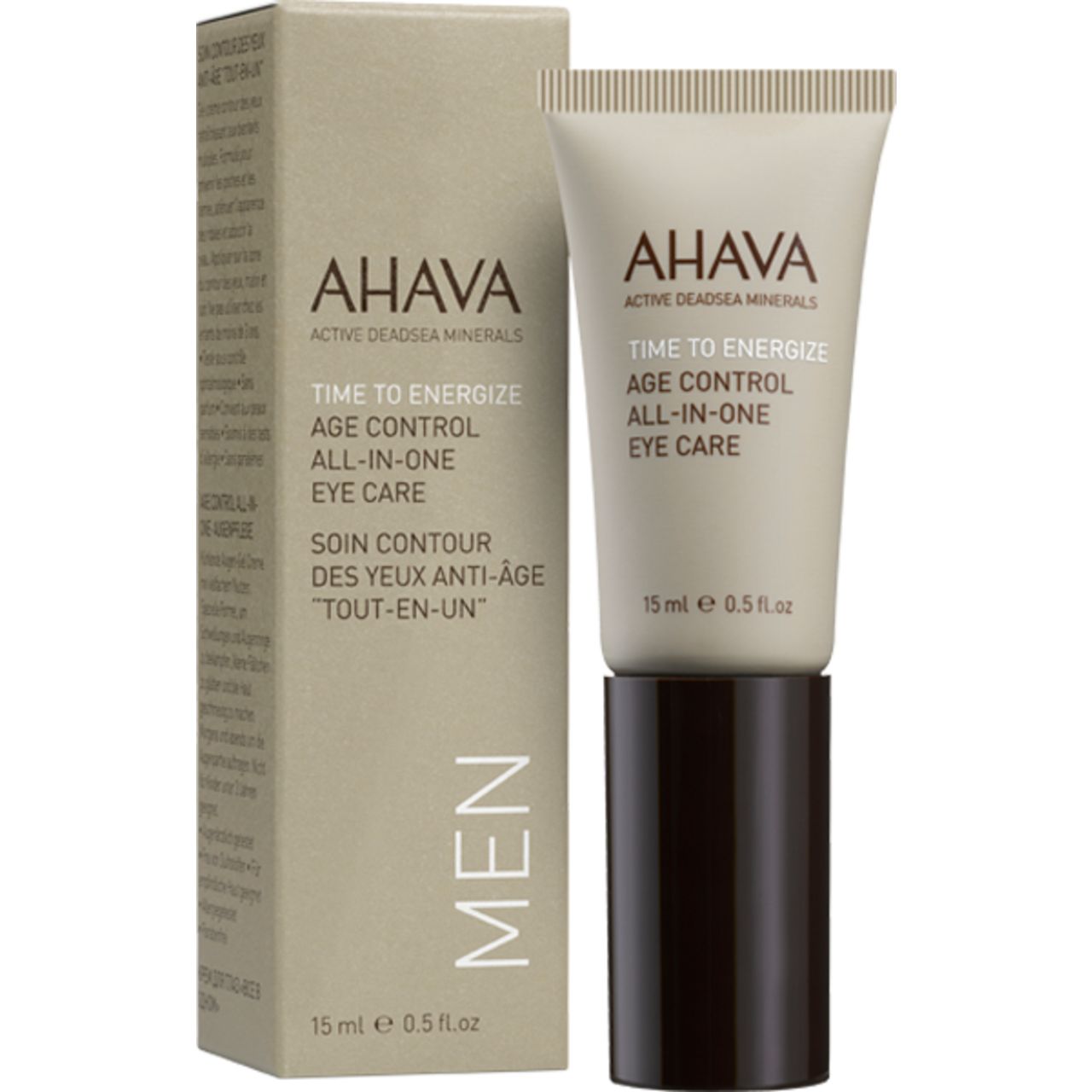 Produktverpackung und Tube AHAVA TIME TO ENERGIZE AGE CONTROL ALL-IN-ONE EYE CARE. Aufschrift MEN. Beige Verpackung, grauer Deckel.