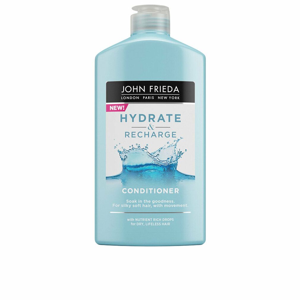 Hellblaue Flasche mit John Frieda Hydrate & Recharge Conditioner-Etikett. Enthält eine Abbildung von Wasser. Aufschrift: Conditioner.