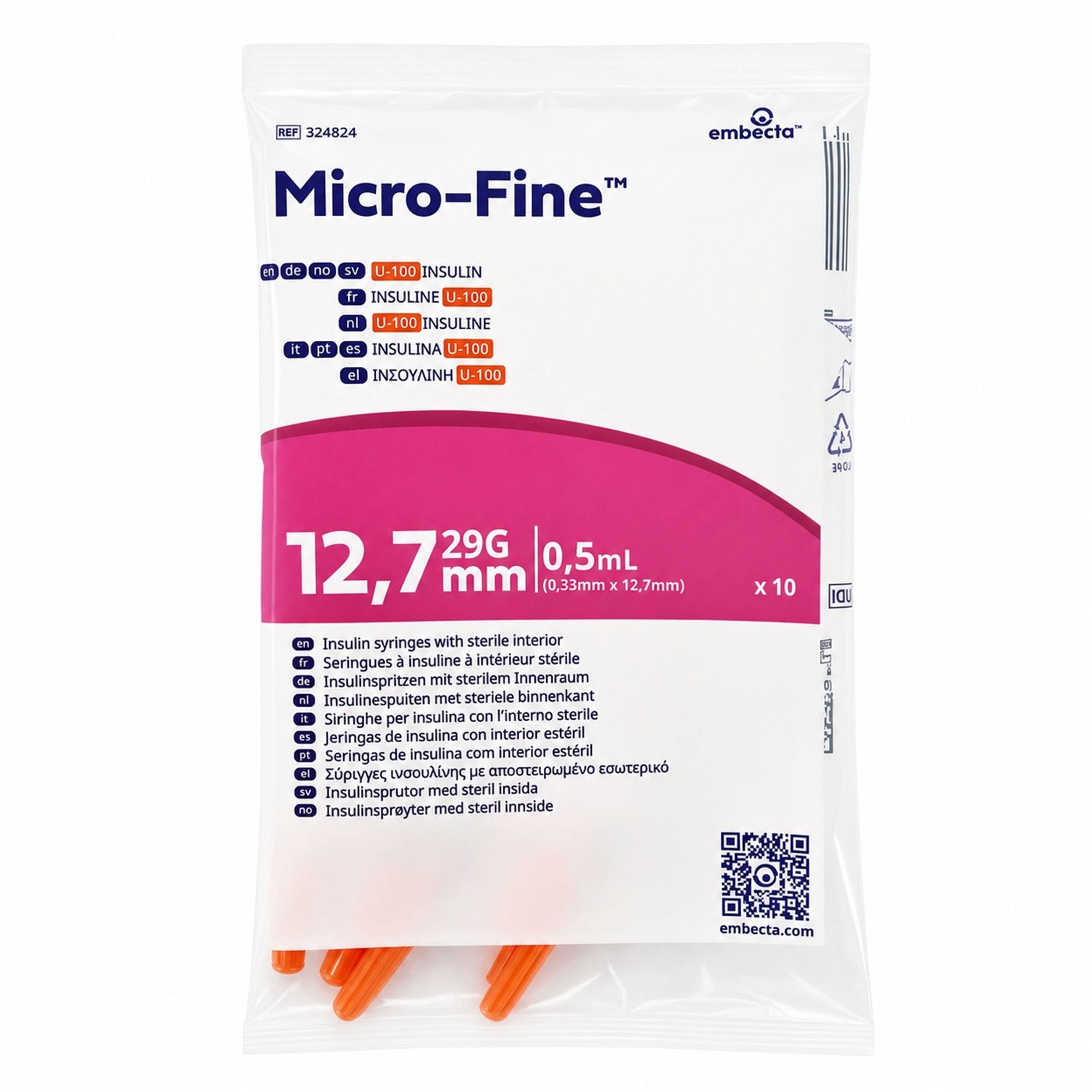 embecta Micro-Fine+ U100 Insulinspritzen 0,5 ml 29G, 0,33 x 12,7 mm