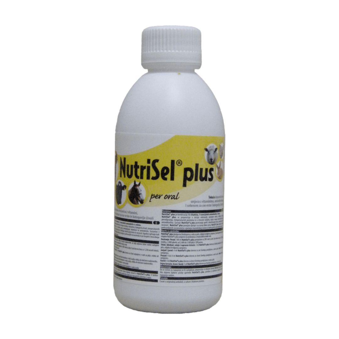 Weiße Flasche mit Schraubverschluss. Aufschrift NutriSel plus per oral. Abbildungen von Tierköpfen.