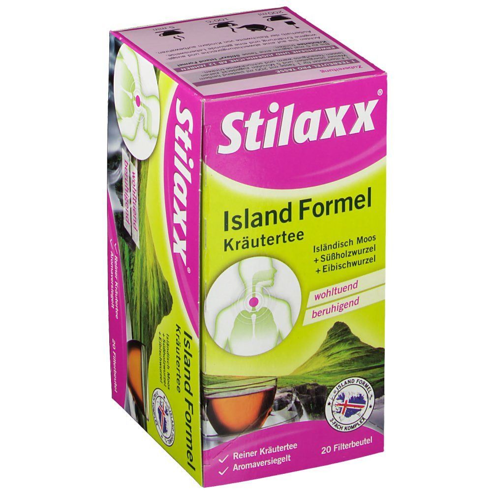 Packung Stilaxx Island Formel Kräutertee. Rosa-weißes Design mit Produktnamen und Illustrationen. 20 Filterbeutel.