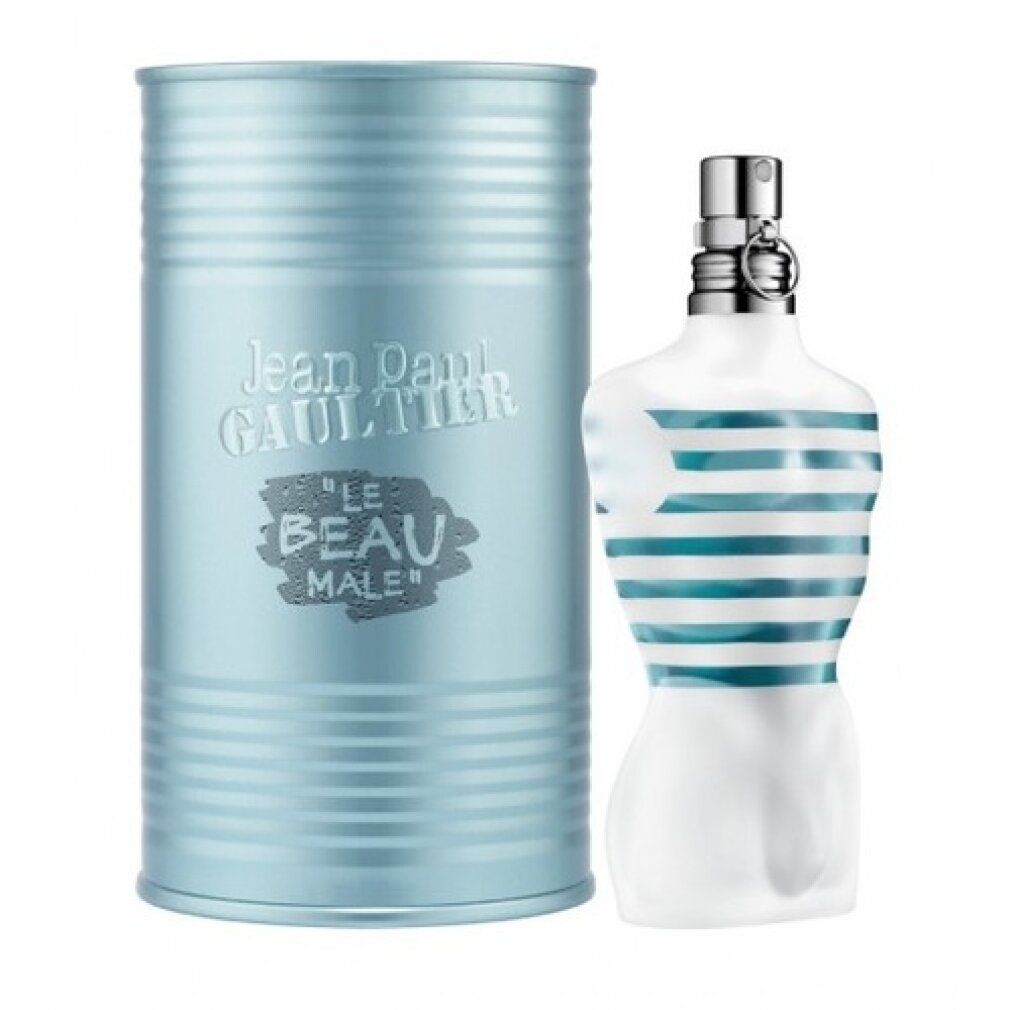 Hellblaue zylindrische Dose und Flakon in Form eines Oberkörpers. Aufschrift: Jean Paul Gaultier Le Beau Male.