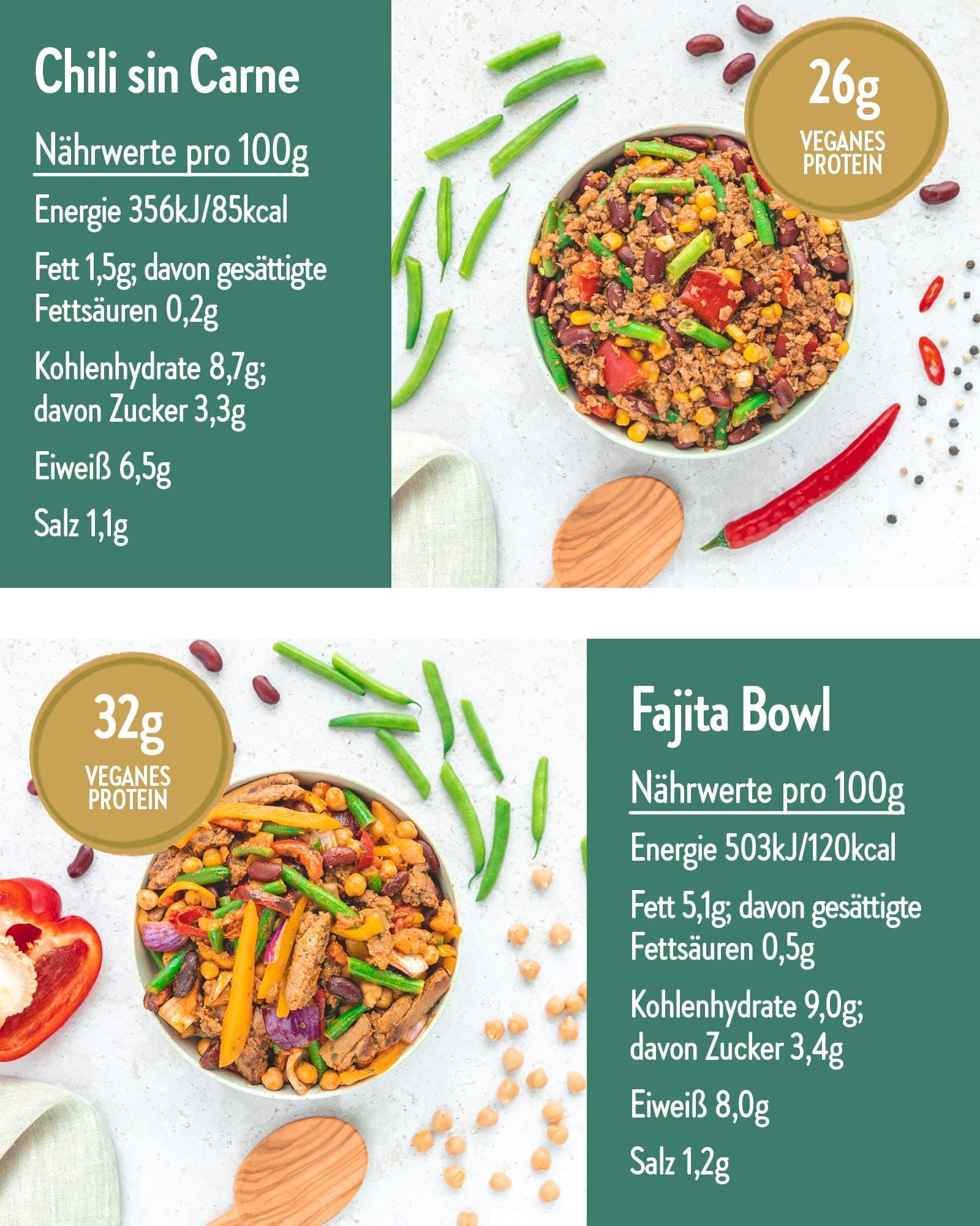 Zwei Tafeln mit Nährwertangaben und Abbildungen von veganen Gerichten. Text: Chili sin Carne, 26g veganes Protein, Fajita Bowl, 32g veganes Protein.