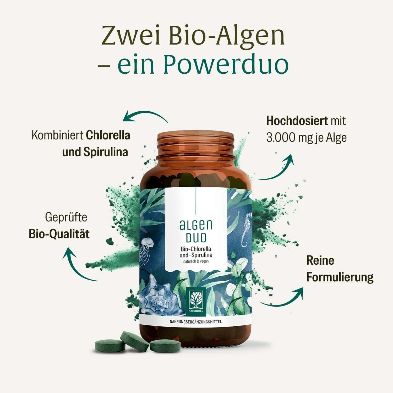 Braune Glasflasche mit Algen Duo Bio-Chlorella und Spirulina Tabletten. "Zwei Bio-Algen - ein Powerduo".