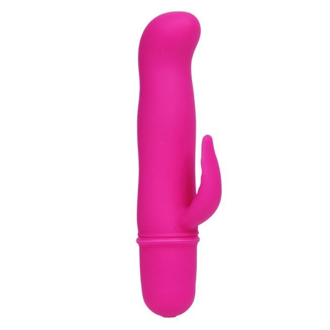 Pinkfarbener Vibrator mit länglicher Form und einem hervorstehenden Element. Auf weißem Hintergrund.