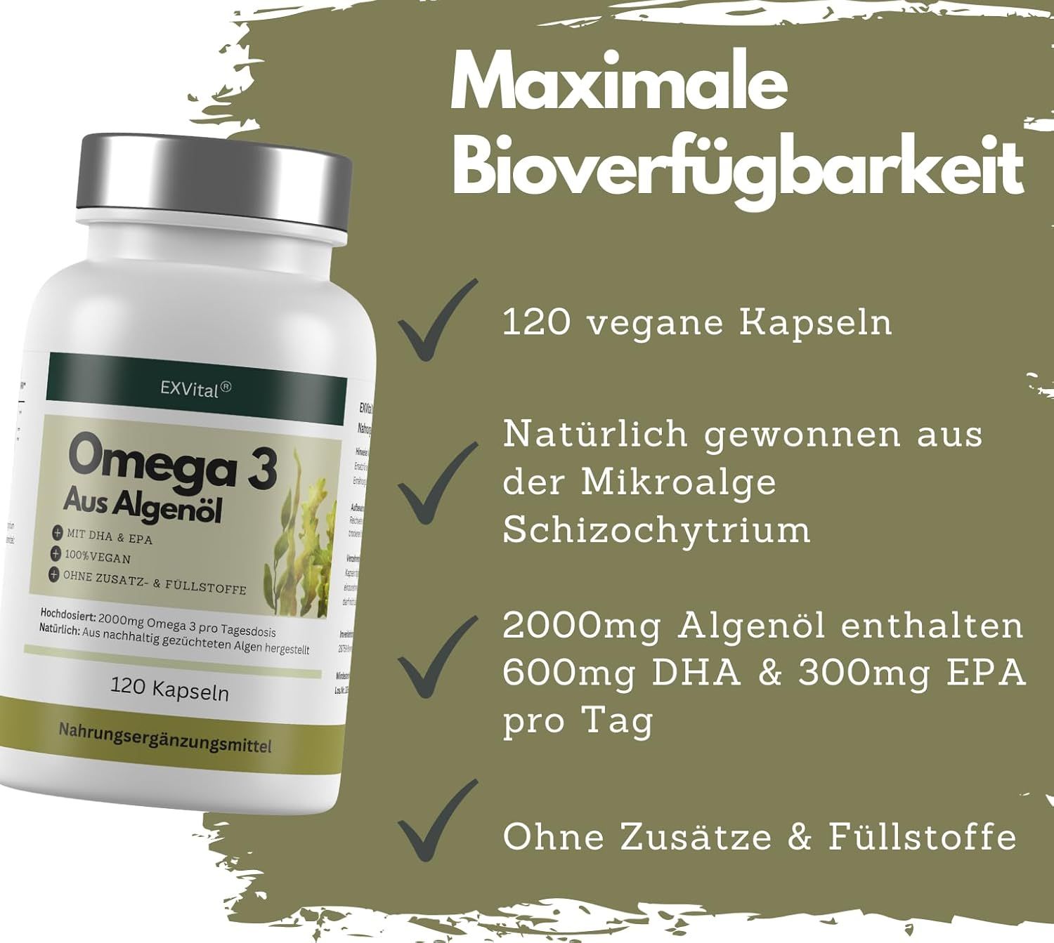 Flasche mit Kapseln. Aufschrift: Omega 3 Aus Algenöl, 120 vegane Kapseln. Natürliche Mikroalgen. 2000mg Algenöl, 600mg DHA, 300mg EPA.