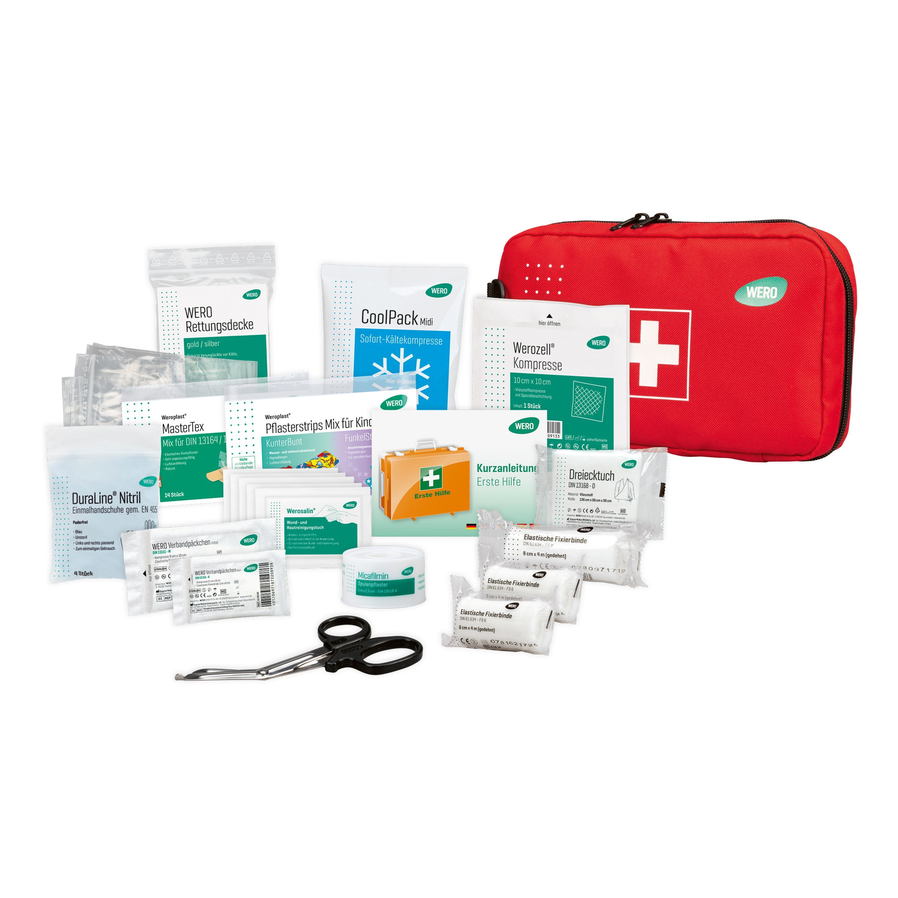 Rote Erste-Hilfe-Tasche mit weißem Kreuz. Geöffnete Tasche mit Verbandsmaterial, Schere, Kühlpack und weiteren medizinischen Artikeln.