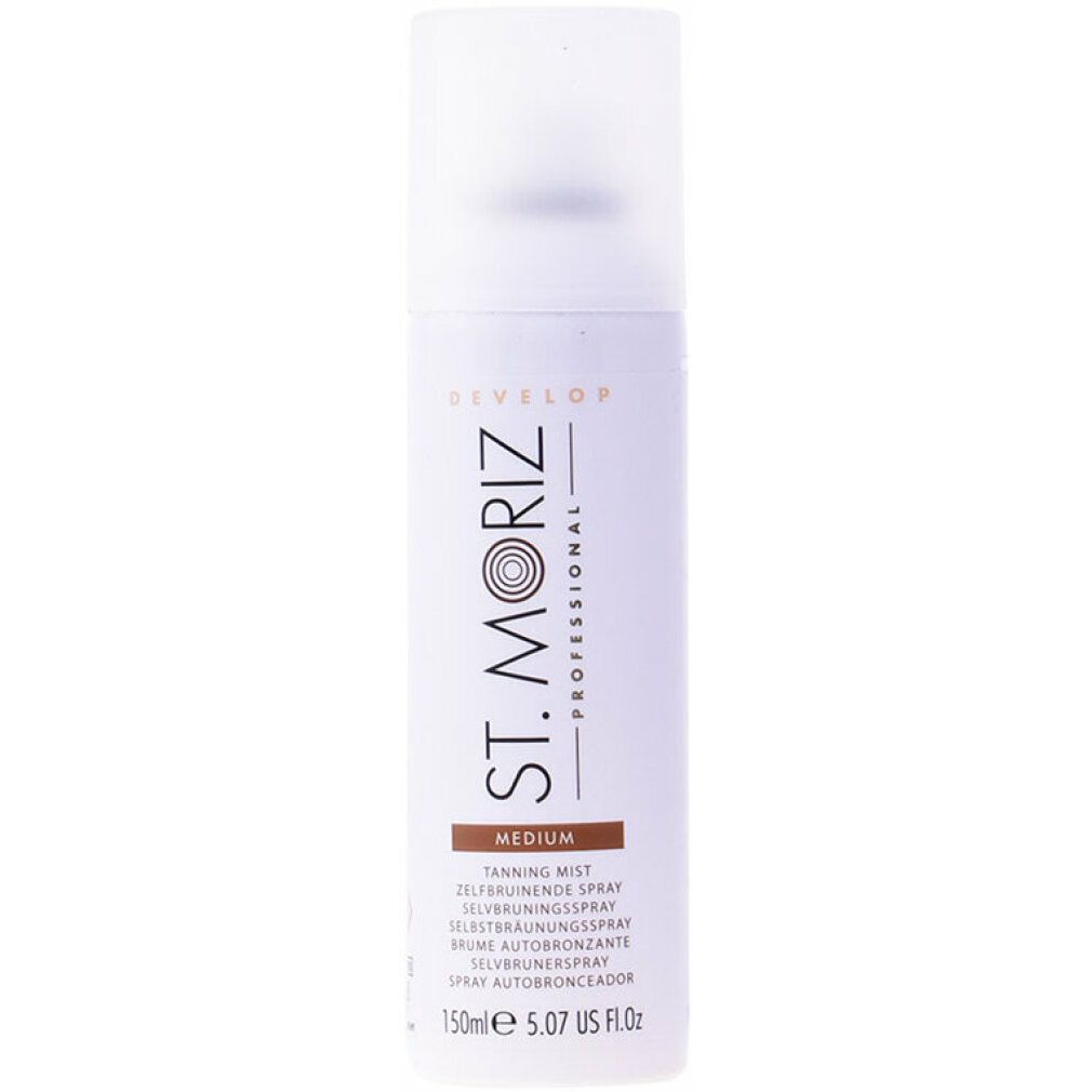 St. Moriz Selbstbräunungsspray. Weiße Flasche mit braunen und schwarzen Texten. "Medium" und "150ml" sind sichtbar.
