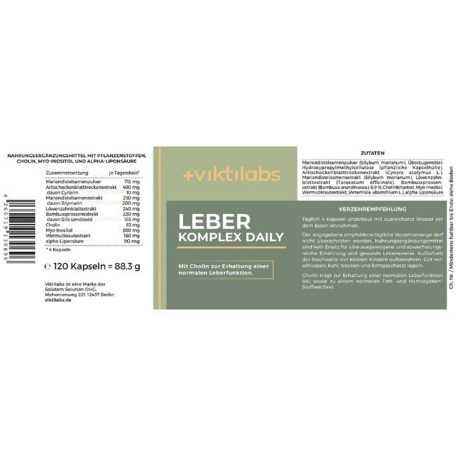 Produktetikett: Viktilabs Leber Komplex Daily. Inhaltsstoffe, Nährwertangaben, Verzehrempfehlung. 120 Kapseln, 88,3 g. Mit Cholin zur Leberfunktion.