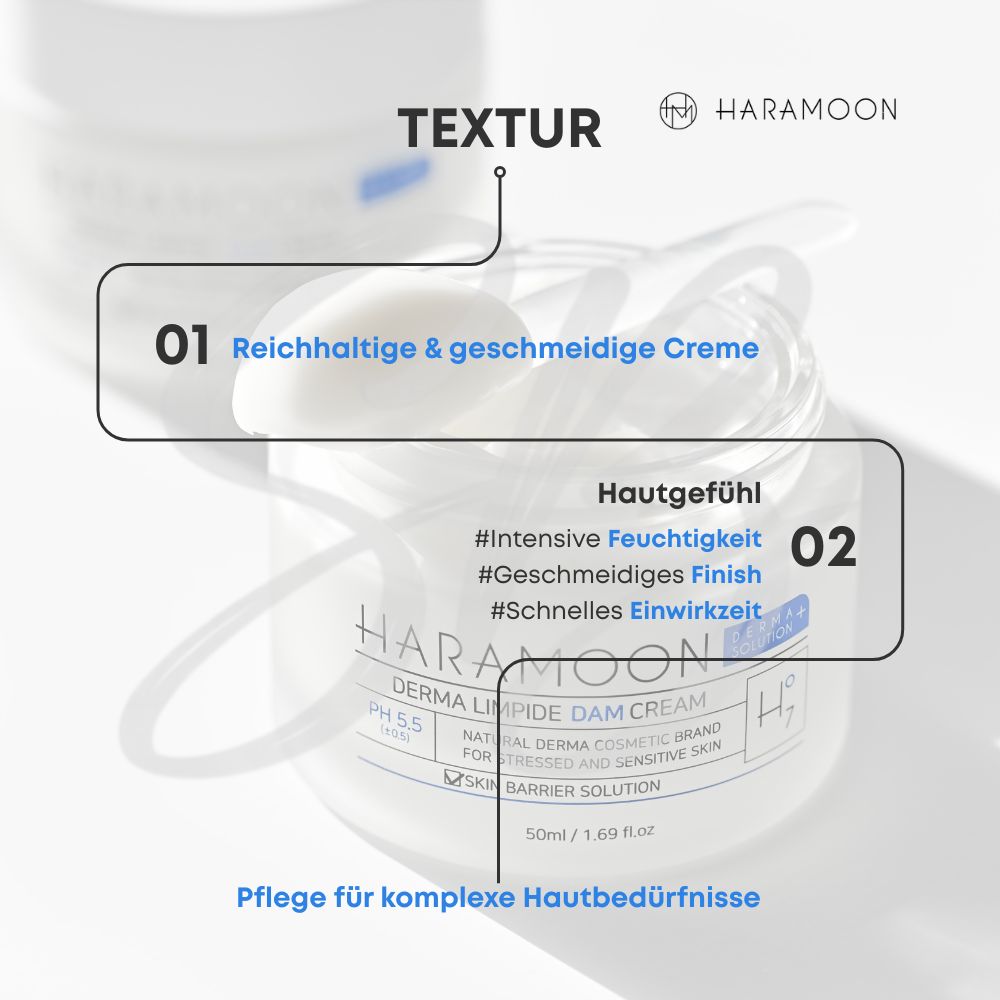 Glas mit Creme, Textur-Informationen und HARAMOON-Logo. Beschreibt reichhaltige Creme und intensives Feuchtigkeitsgefühl.