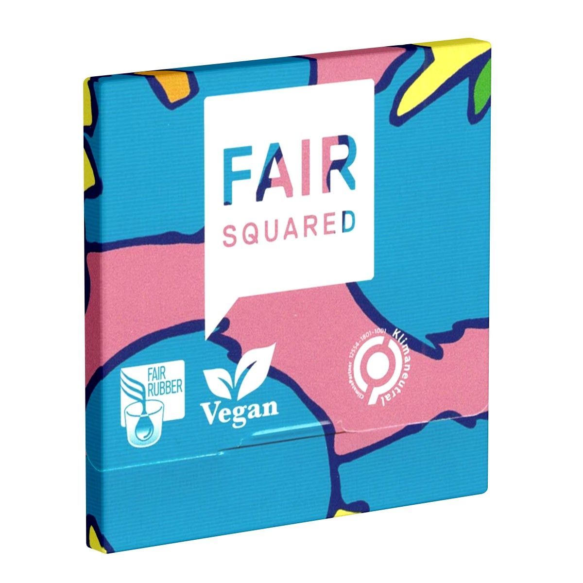 Quadratische Verpackung mit buntem Muster. Weißes Sprechblasenschild mit "FAIR SQUARED". Logo "Fair Rubber", "Vegan" und Klimaneutral-Siegel.