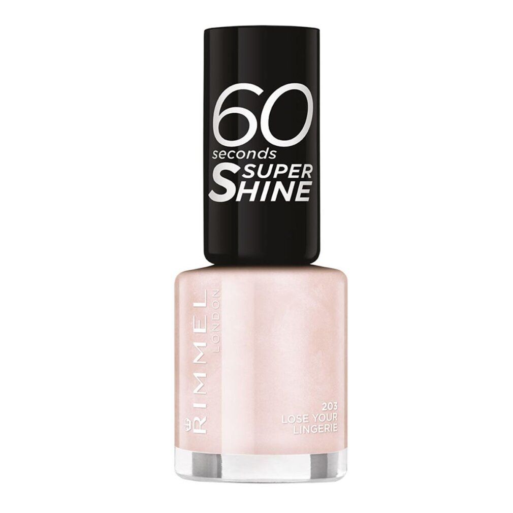 Nagellackflasche mit schwarzem Deckel. Aufschrift: 60 seconds Super Shine. Rosa Lack mit Aufschrift Rimmel London.