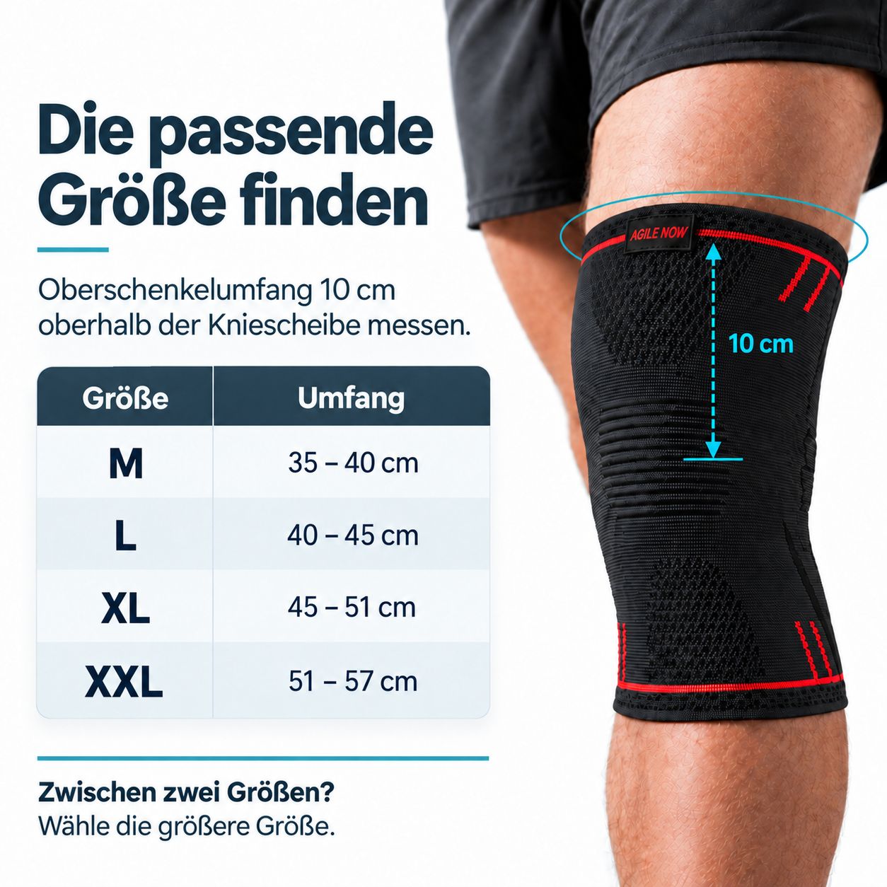 Mann trägt eine graue Kniebandage. Messung des Oberschenkelumfangs für die Größenauswahl.