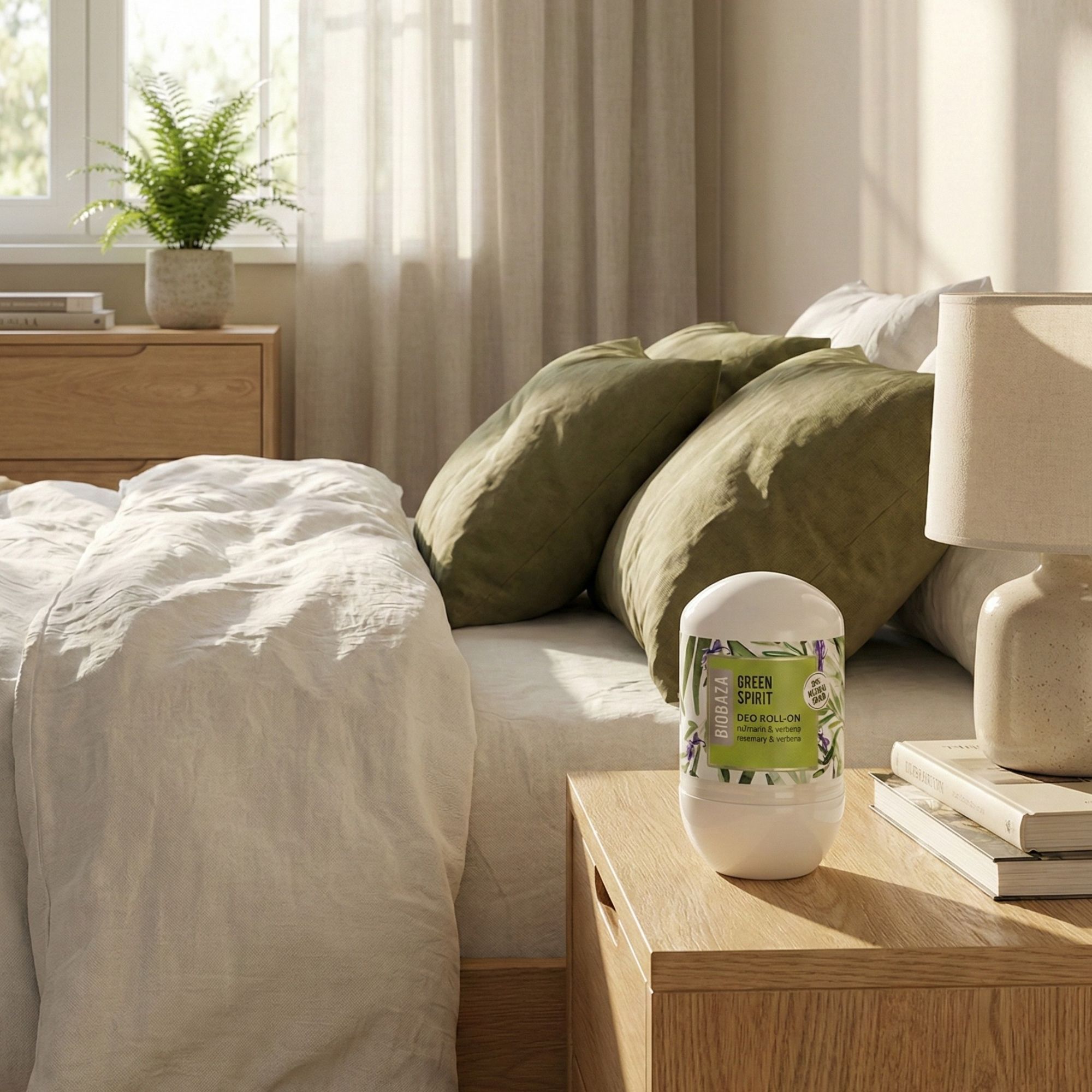 Weißer Deo Roll-On auf Nachttisch. Aufschrift: Green Spirit Deo Roll-On. Umgebung: Bett, Kissen, Lampe.