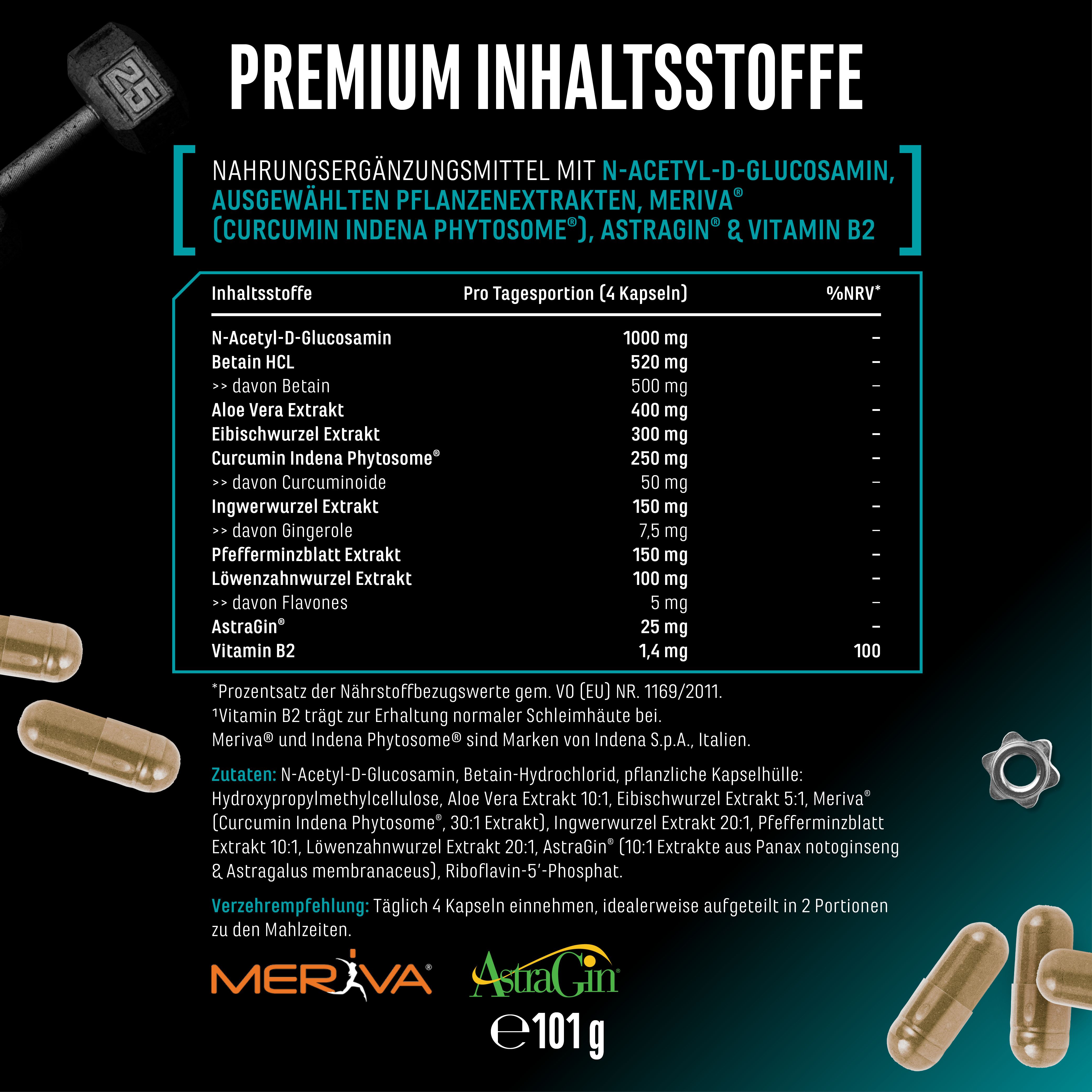 Tabelle mit Inhaltsstoffen von Gut Control. N-Acetyl-D-Glucosamin, Betain, Aloe Vera, Eibischwurzel, Curcumin, Ingwerwurzel.