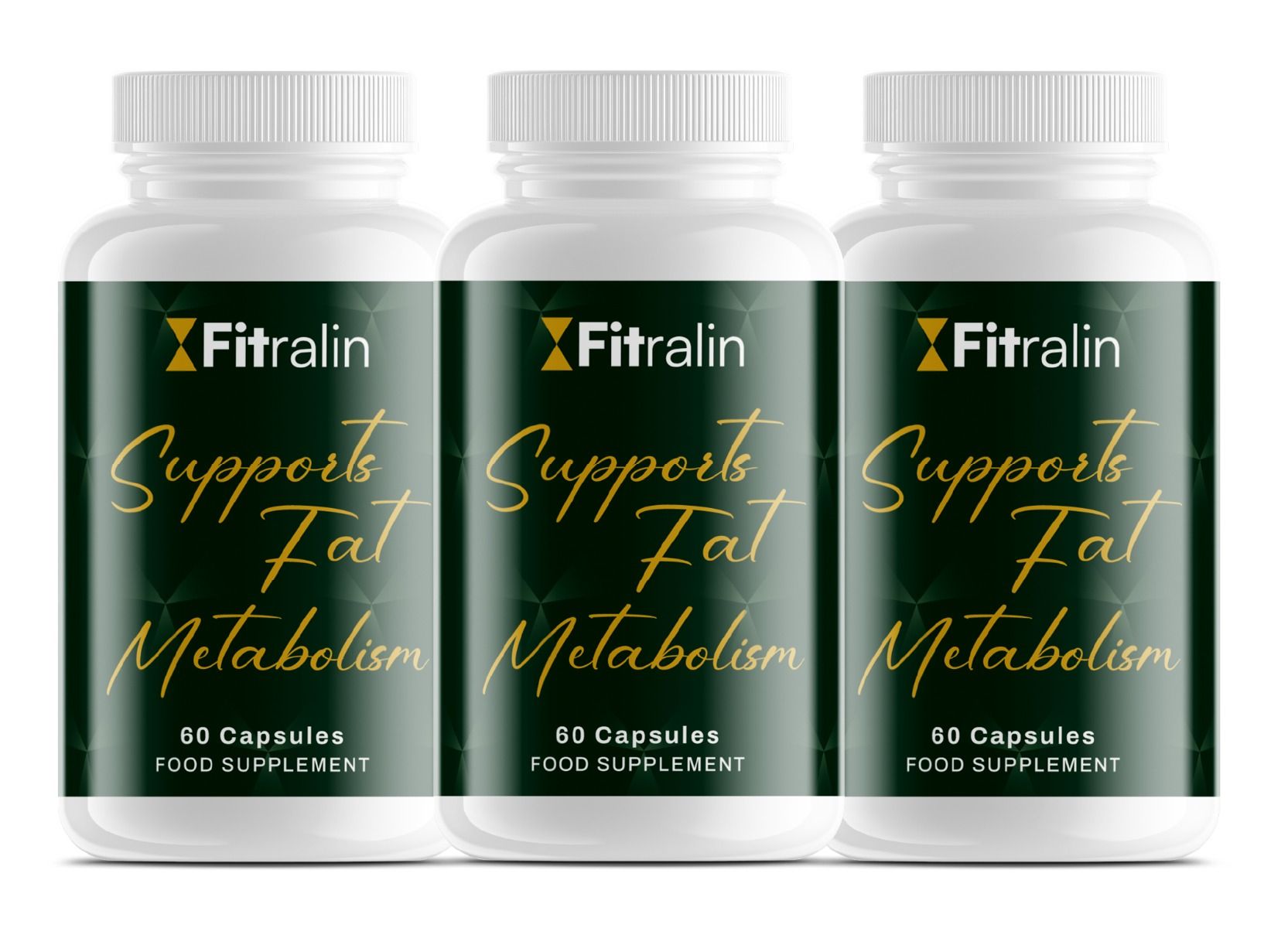 Drei Fitralin Kapselbehälter, die "Supports Fat Metabolism" anzeigen.