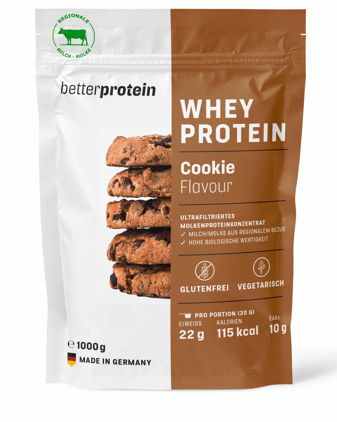 BetterProtein Whey Protein Cookie Flavour 1000g Beutel, glutenfrei, vegetarisch.