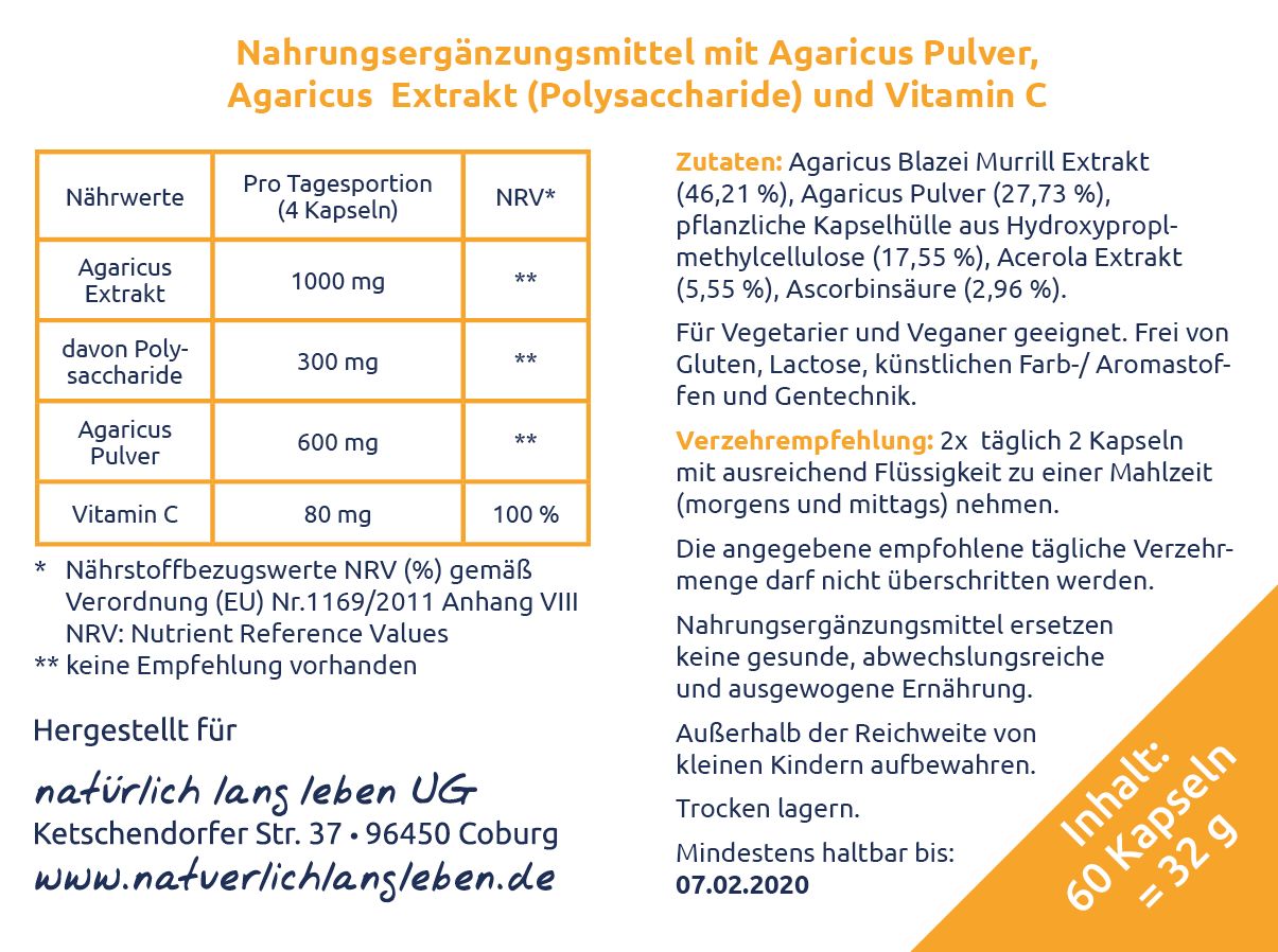 natürlich lang leben BIO Agaricus Extrakt + Pulver Kapseln 60 Stück