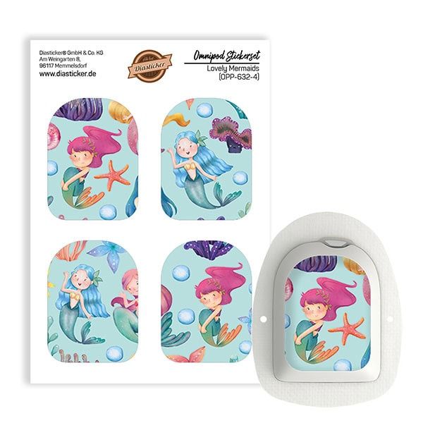 Aufkleber-Set mit Meerjungfrauen-Motiven. Enthält vier Aufkleber für Omnipod-Geräte. Aufkleber mit Meerjungfrauen, Seesternen und Blasen.