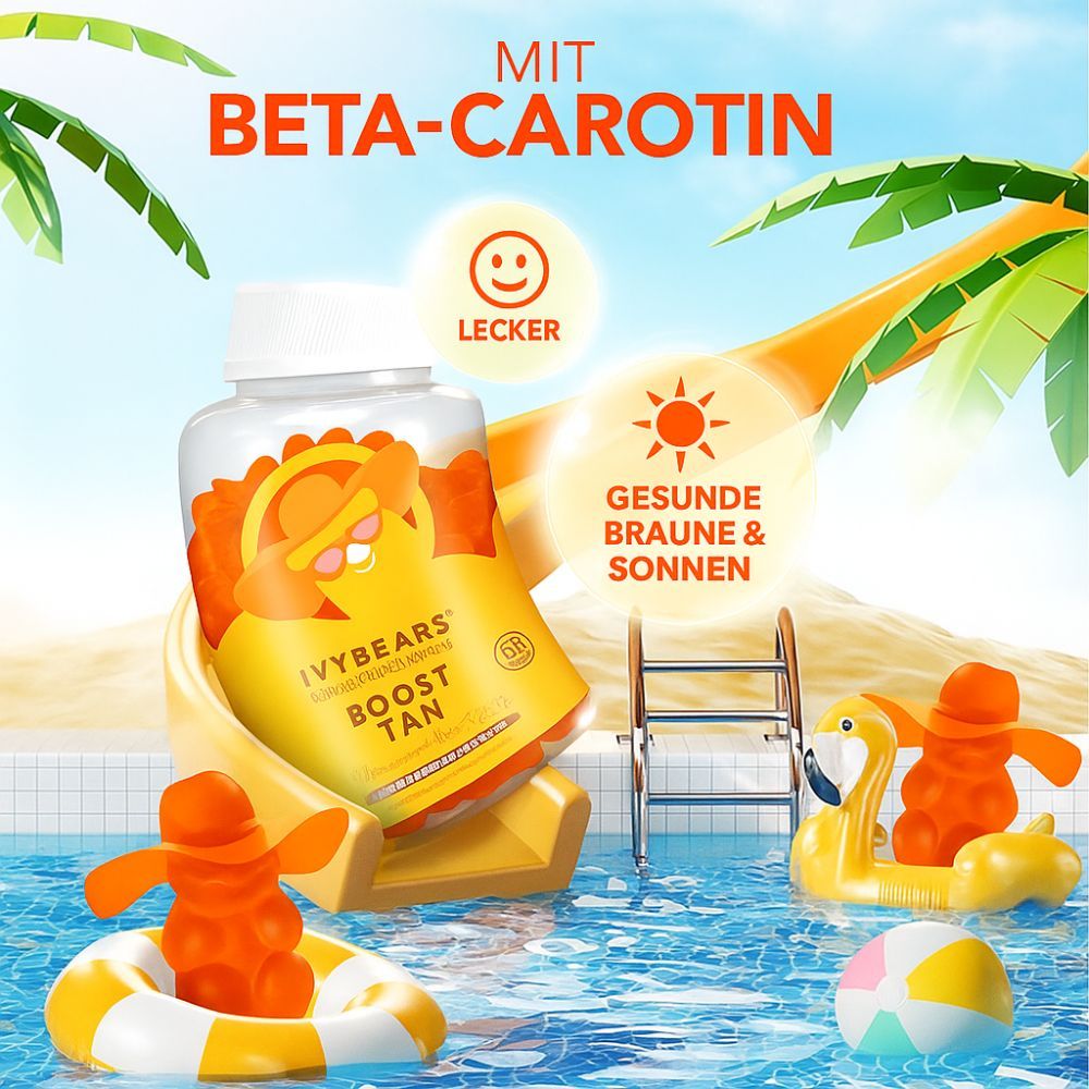 Szene am Pool mit Gummibärchen. Flasche IVYBEARS Boost Tan. Text: Mit Beta-Carotin, Gesunde Bräune & Sonnen.