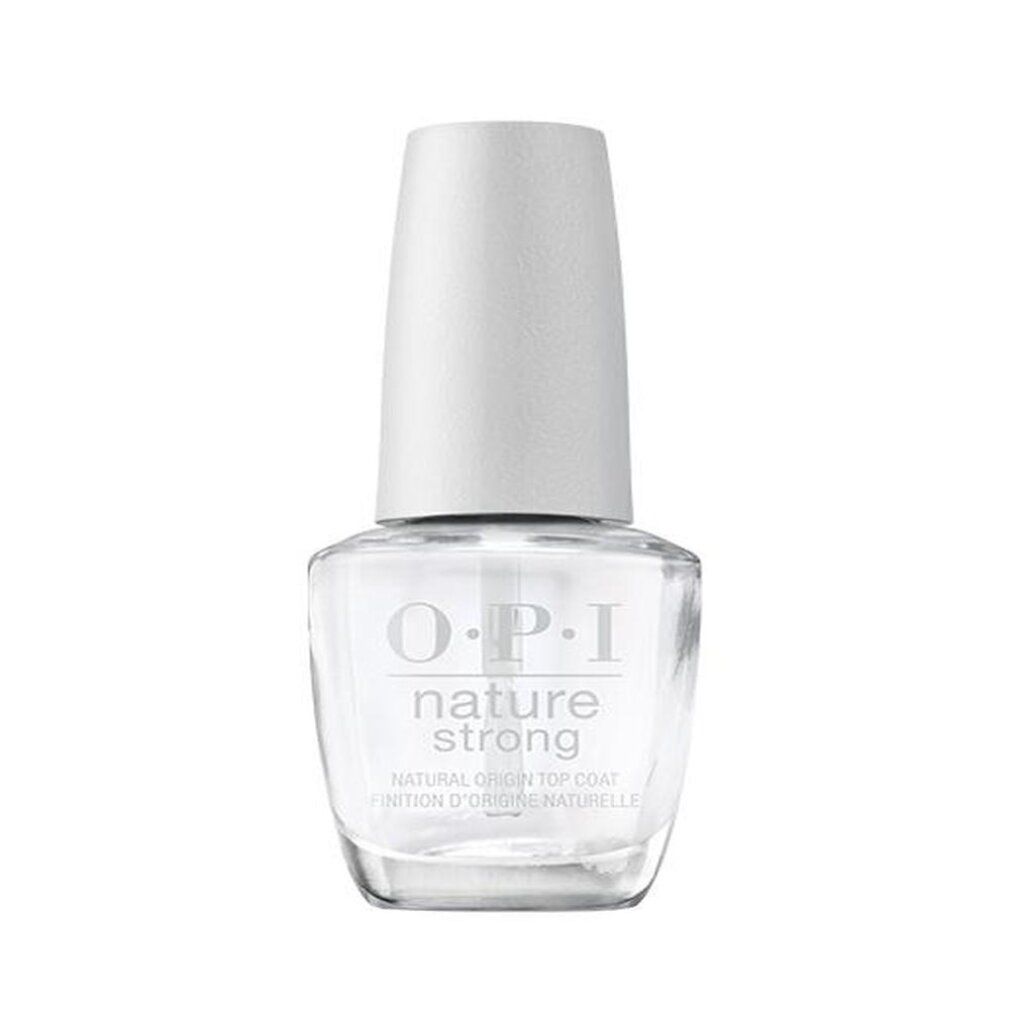 Klare Nagellackflasche mit weißem Deckel. OPI Nature Strong-Logo sichtbar.