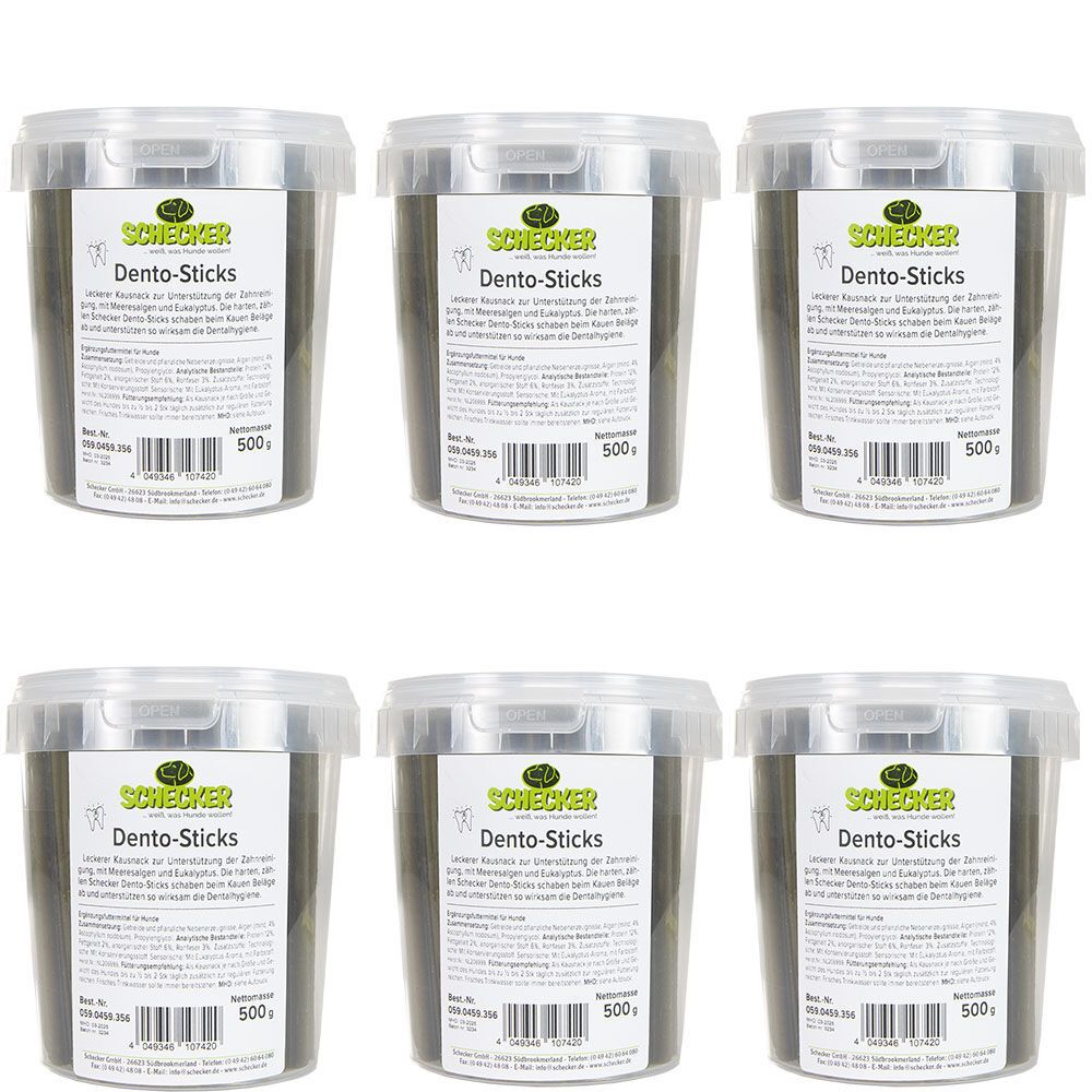 Sechs Behälter Schecker Dento-Sticks. Transparente Behälter mit Deckel. Aufschrift: Schecker, Dento-Sticks, 500g.