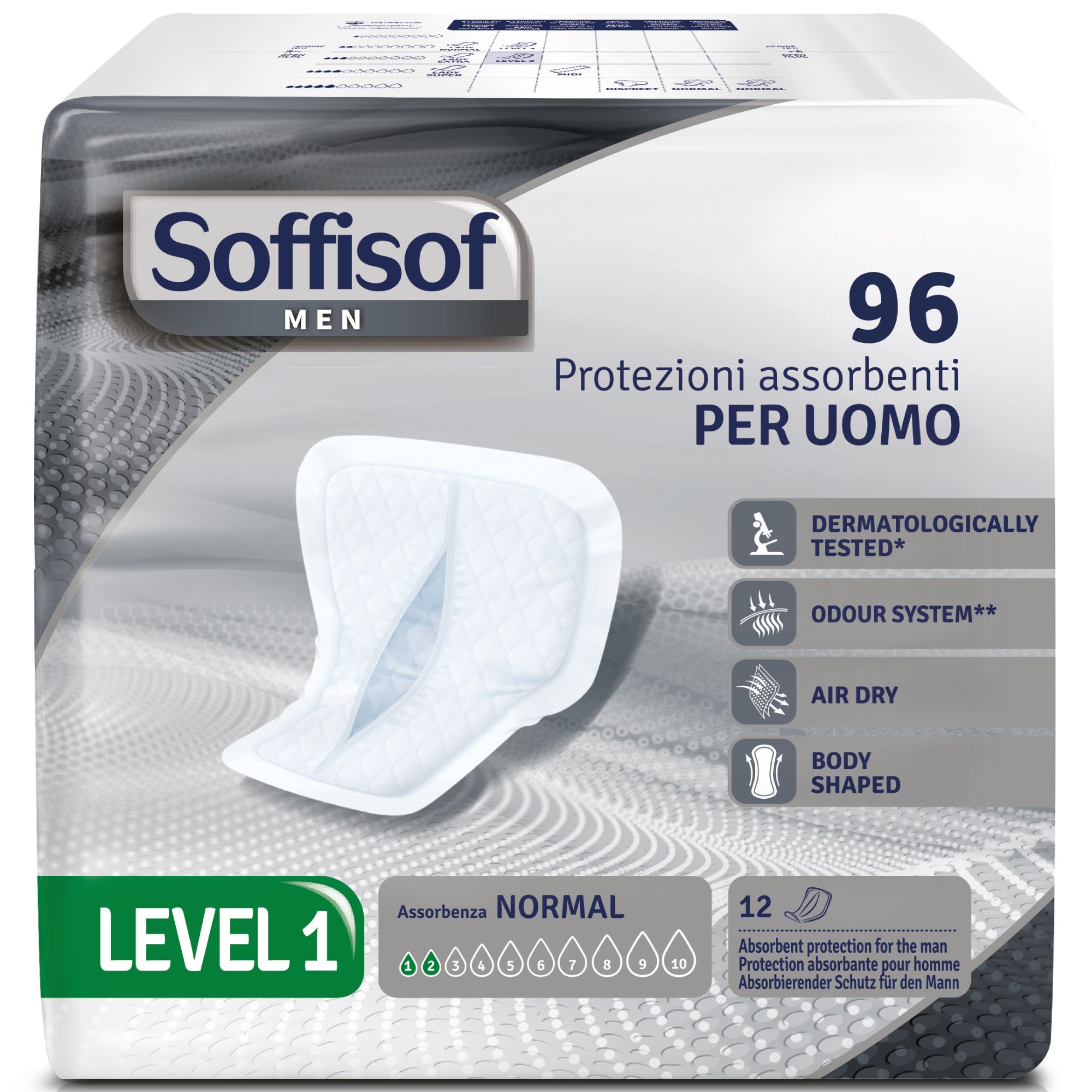 Verpakking Soffisof Men incontinentie-inlegkruisjes. 96 stuks, niveau 1, dermatologisch getest, geursysteem, luchtdoorlatend, lichaamsvorm.