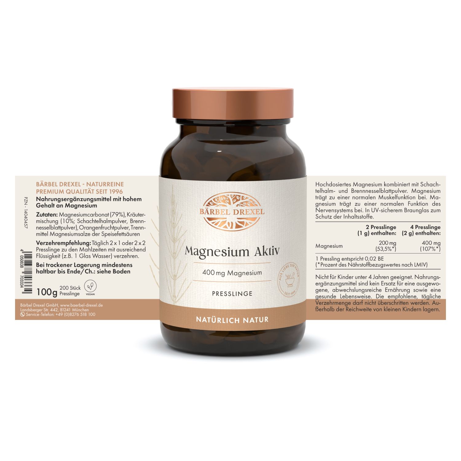 Braune Glasflasche mit Etikett. Text: Bärbel Drexel Magnesium Aktiv, 400mg Magnesium, Presslinge. Inhaltsstoffe.