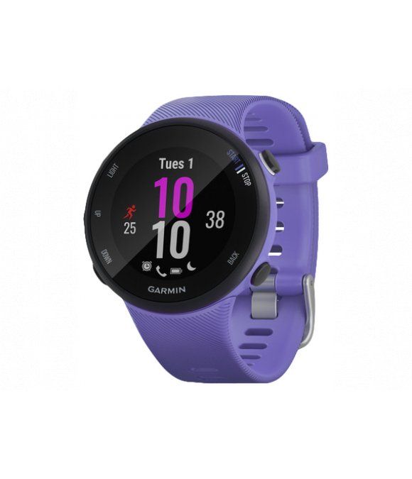 Garmin Smartwatch. Rundes, schwarzes Display mit lila Armband. Zeigt Uhrzeit und Daten an. Garmin-Logo unten.