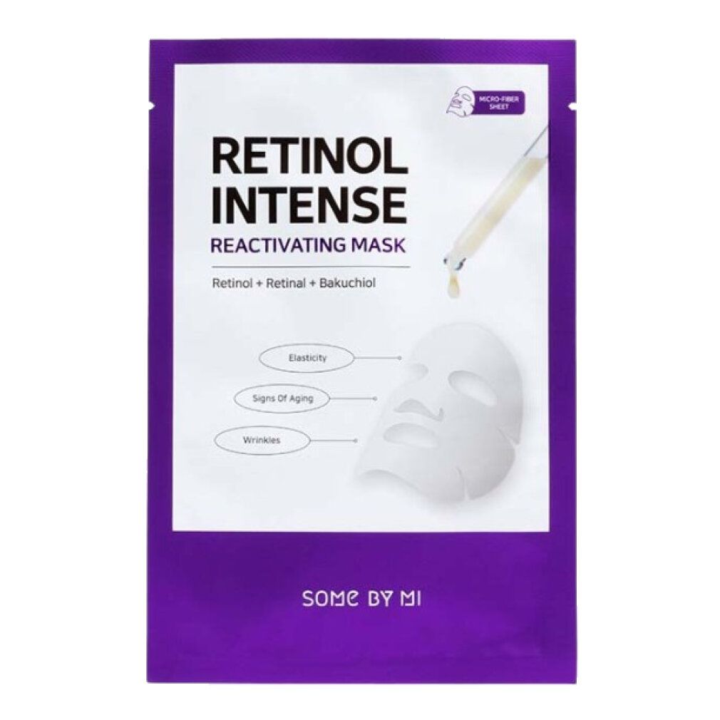Verpackung einer Gesichtsmaske mit der Aufschrift 'Retinol Intense Reactivating Mask'. Enthält Retinol, Retinal und Bakuchiol.