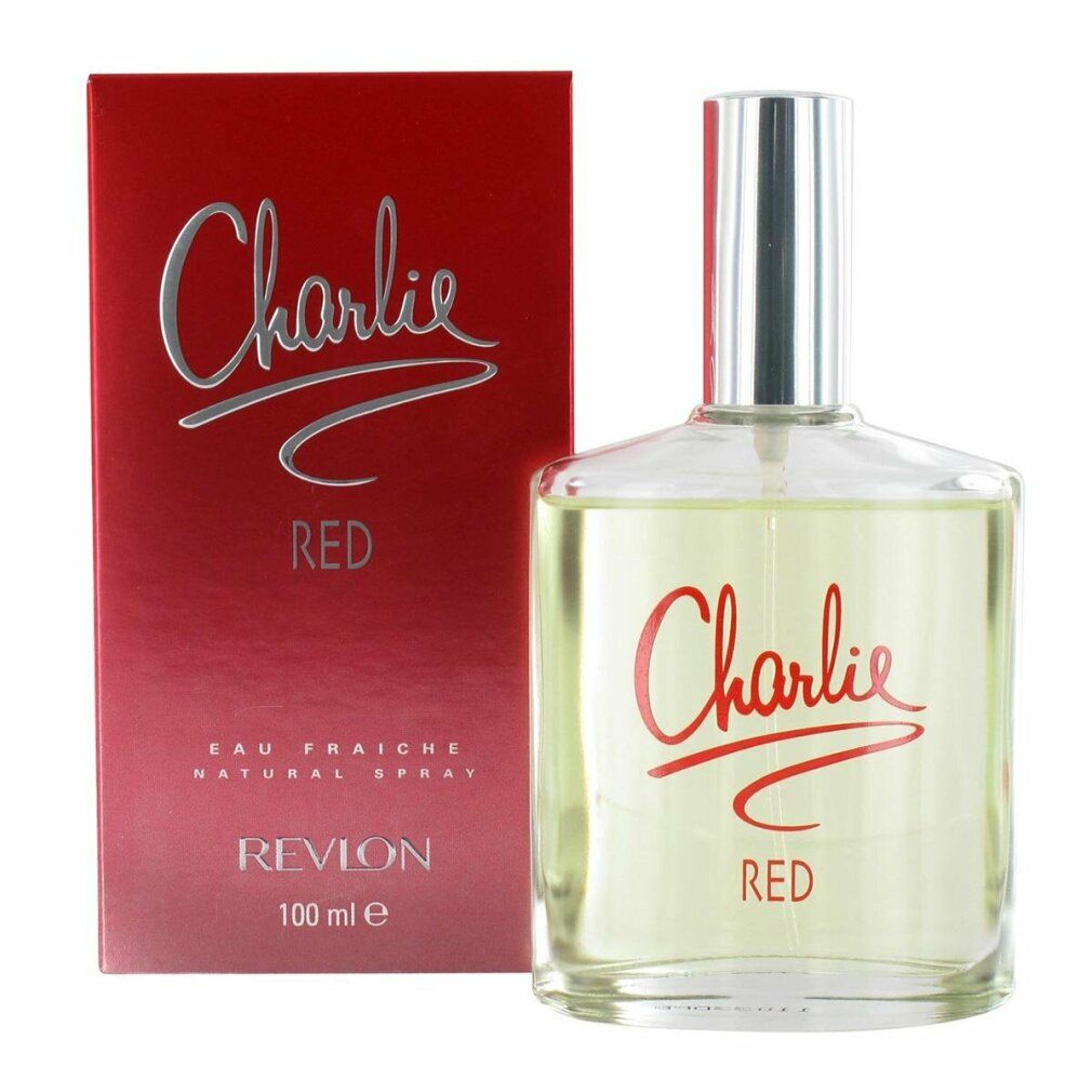 Flakon und Schachtel von Charlie Red Eau Fraiche. Roter Schriftzug auf Glas und Verpackung. Revlon Logo. 100 ml.
