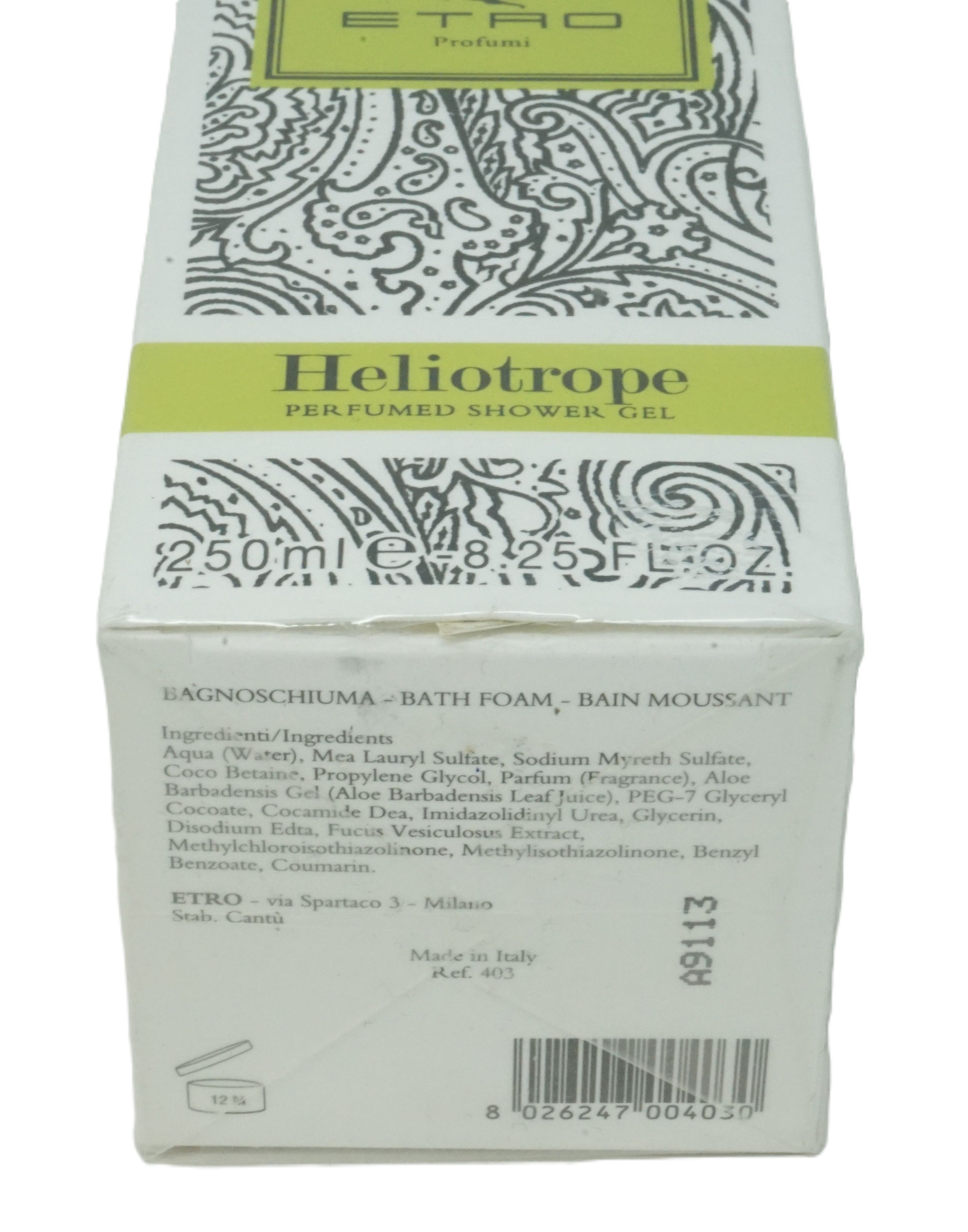 Rückseite der Etro Profumi Heliotrope Duschgel-Verpackung. Enthält Inhaltsstoffe, Herstellerinformationen und Barcode.