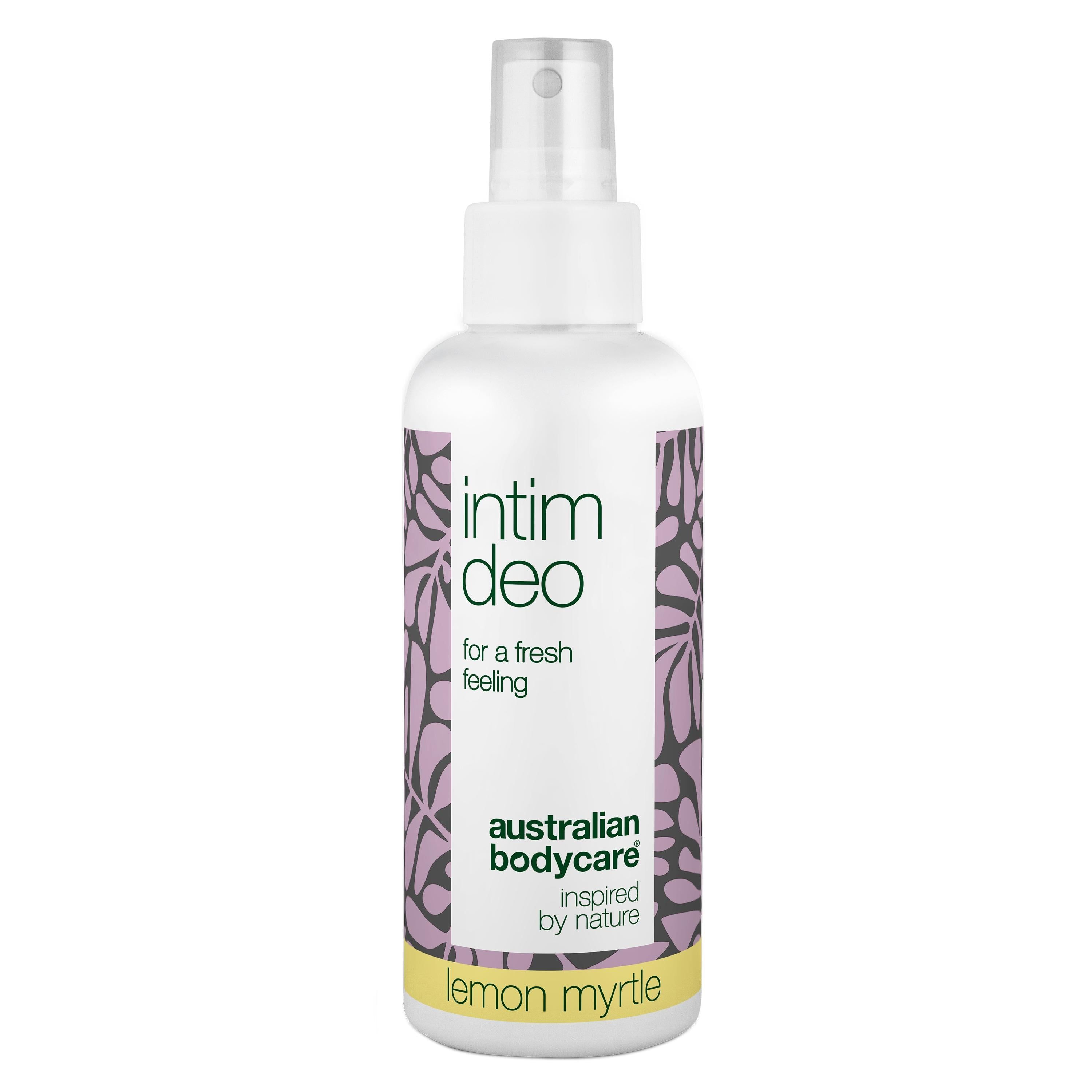 Spray intimo bianco con erogatore. Scritta: Intim Deo, Australian Bodycare, Lemon Myrtle.