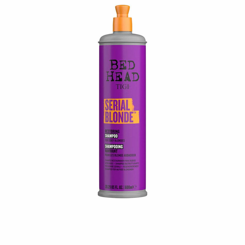 TIGI Bed Head Serial Blonde Flasche mit Pumpspender. Lila Flasche mit silbernem Hals und orangefarbenem Pumpaufsatz.